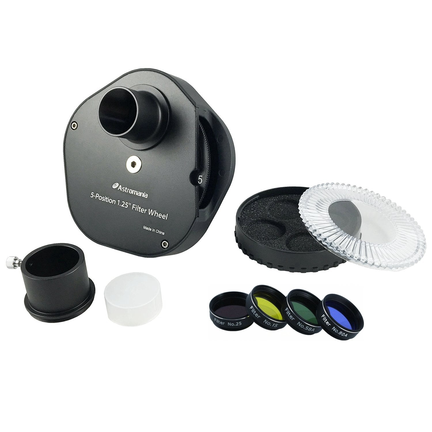 Astromania 1.25'' Multiple 5 Position Filter Wheel For Telescope   With 1.25 Inch Four Color Filters(#15 Deep Yellow, #25 Red, #