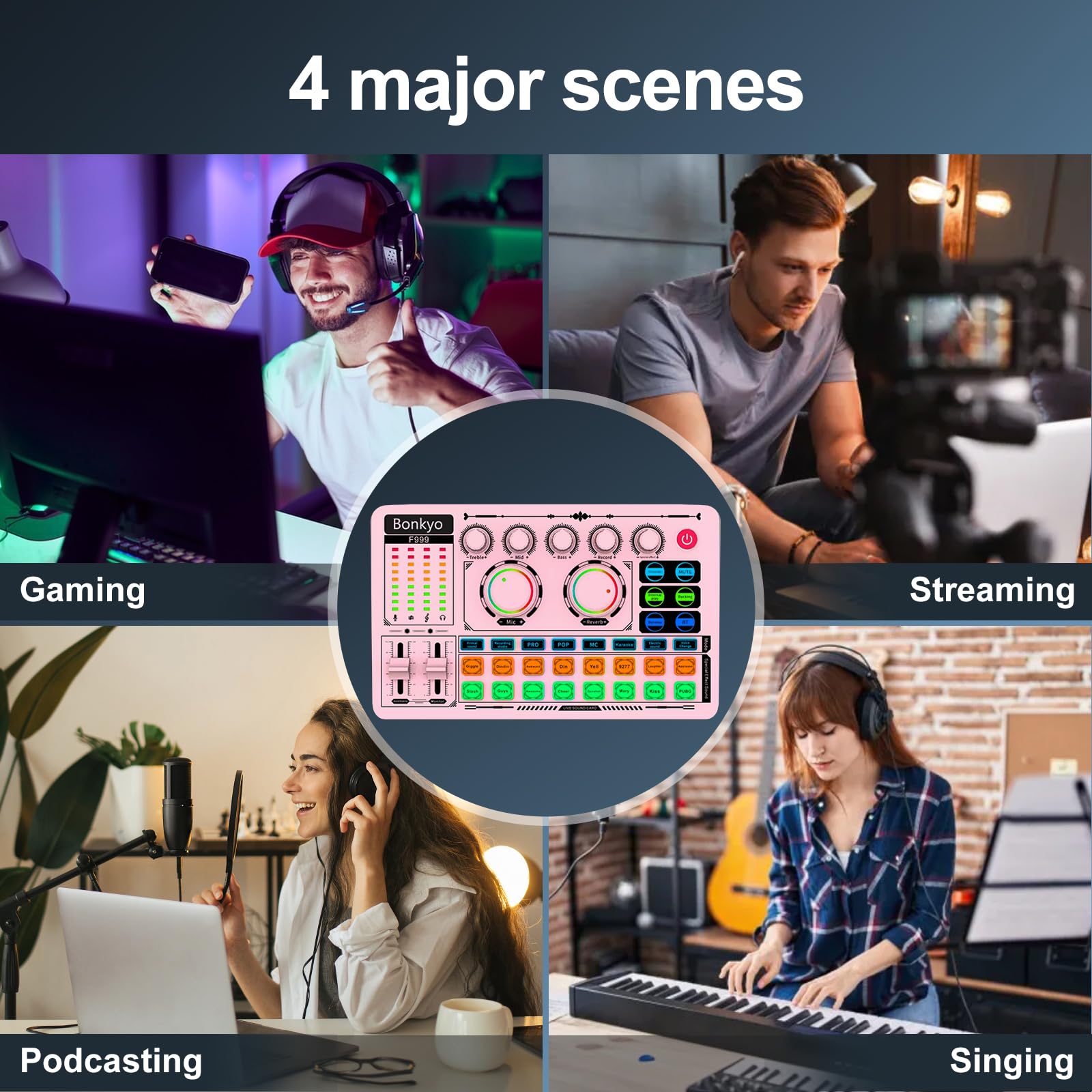 F999 Pink Live Streaming Sound Card, Professional Audio Mixer, Voice Changer Soundboard With Audio Interface, Bluetooth, Noise R