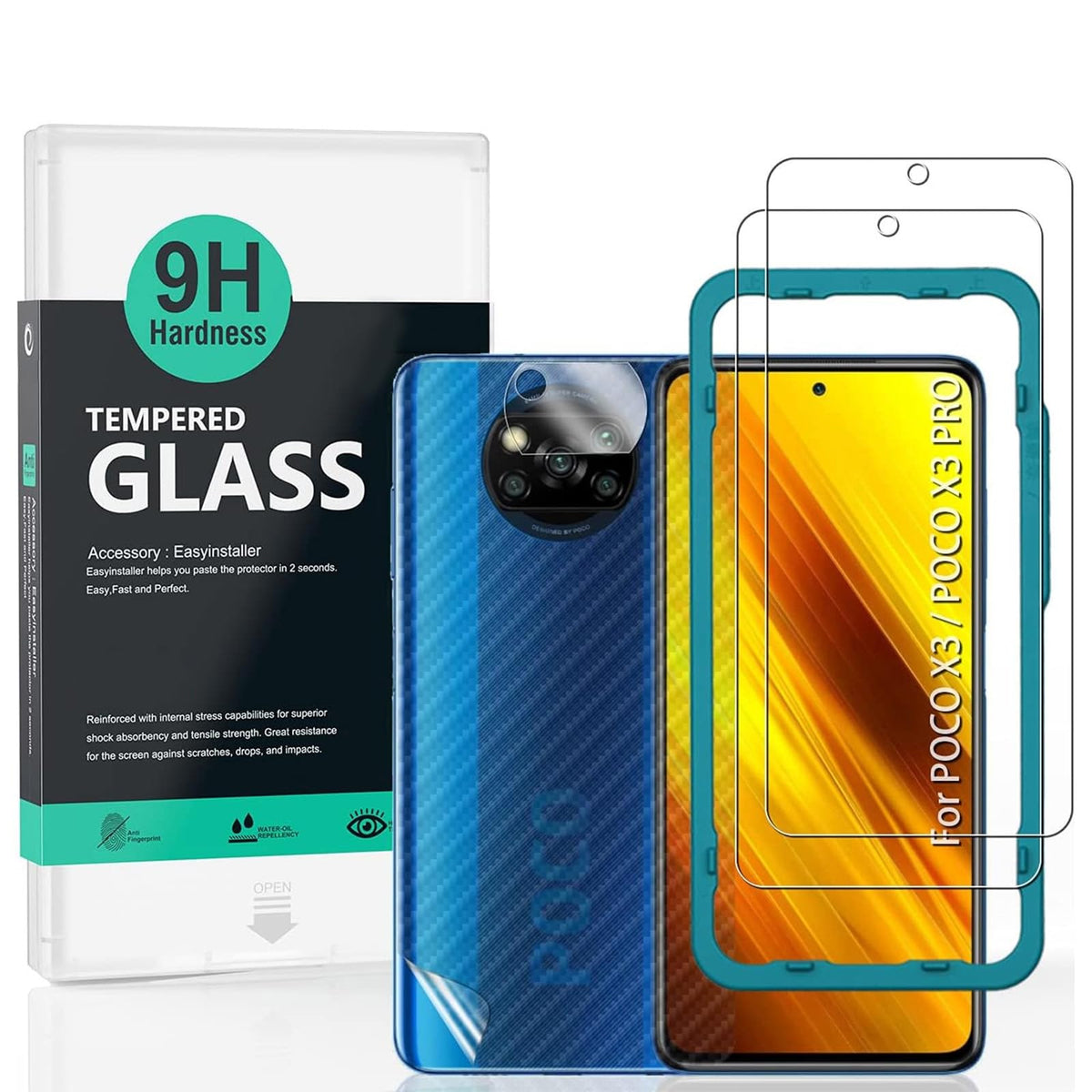 Ibywind Screen Protector For Xiaomi Poco X3/X3 Pro,With 2Pcs Tempered Glass,1Pc Camera Lens Protector,1Pc Backing Carbon Fiber F
