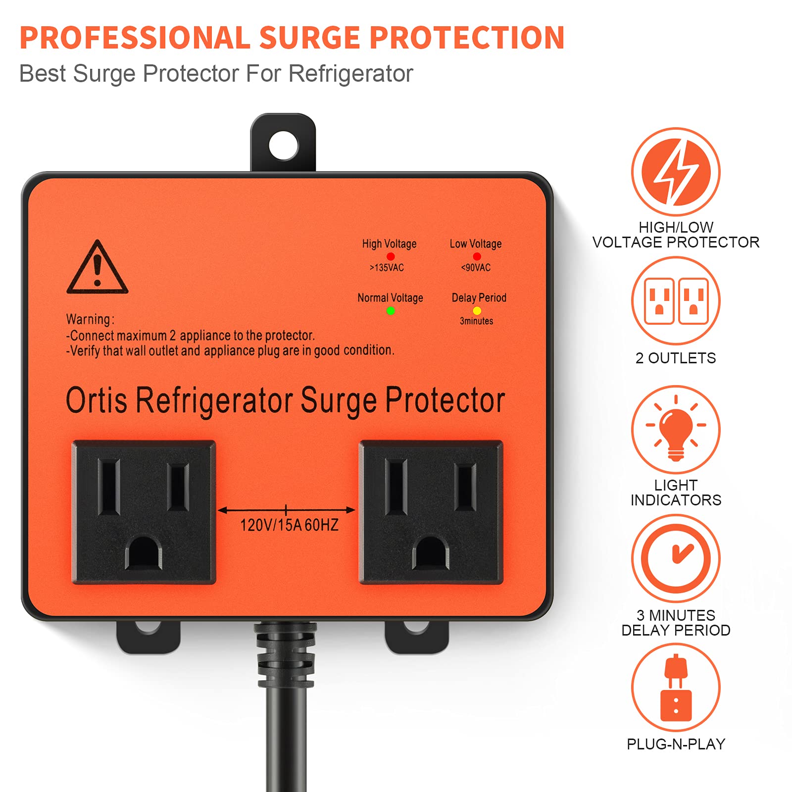Refrigerator Surge Protector, Ortis Double Outlet Voltage Protector For Home Appliances With Time Delay, Protects Against Browno