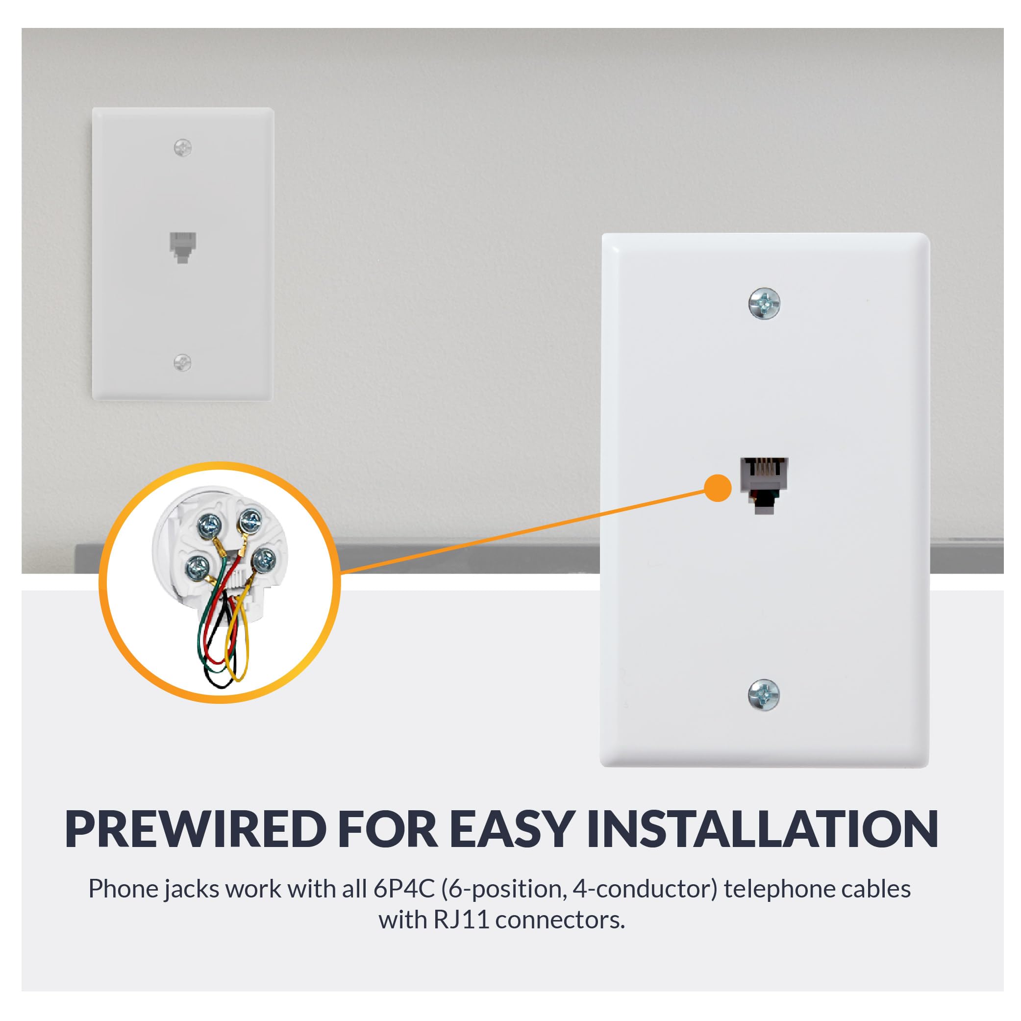 Newhouse Hardware 1 Port Telephone Jack Wall Plate, 6P4C, For Rj11 Telephone Cables, Single Gang, 5 Pack, White (Php Wh 05)