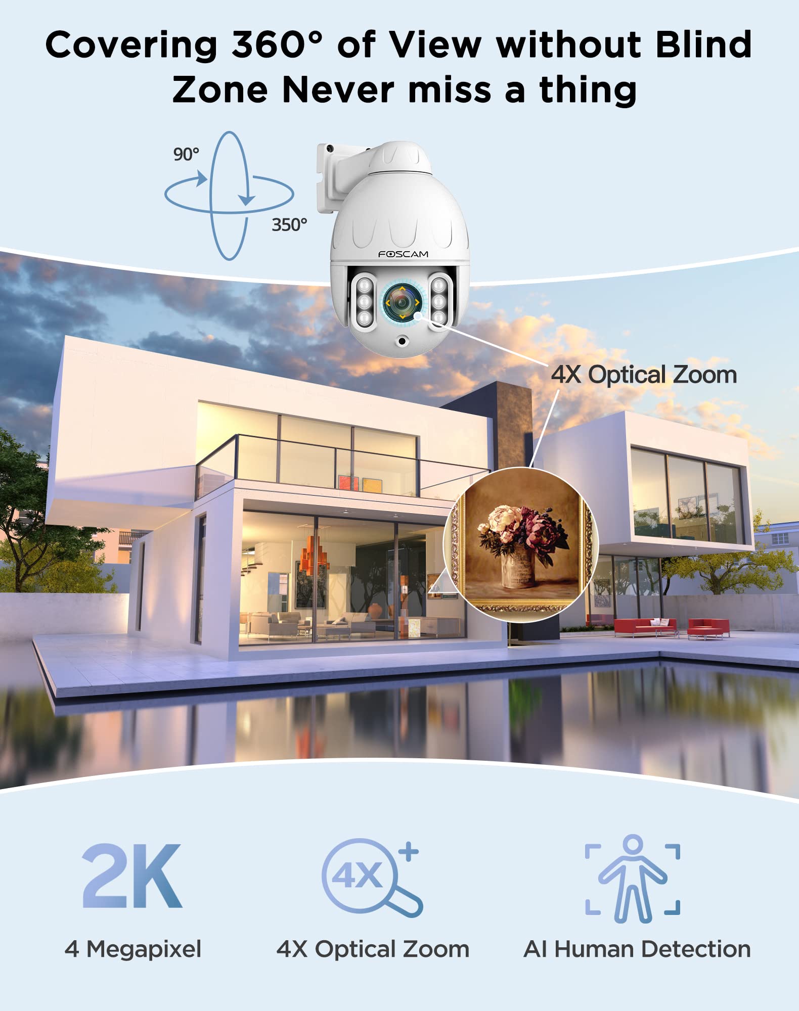 Foscam Sd4 2K 4Mp Outdoor Security Camera, 5G/2.4Ghz Wifi Ptz Ip Surveillance Camera With 4X Optical Zoom, Smart Ai Human Detect