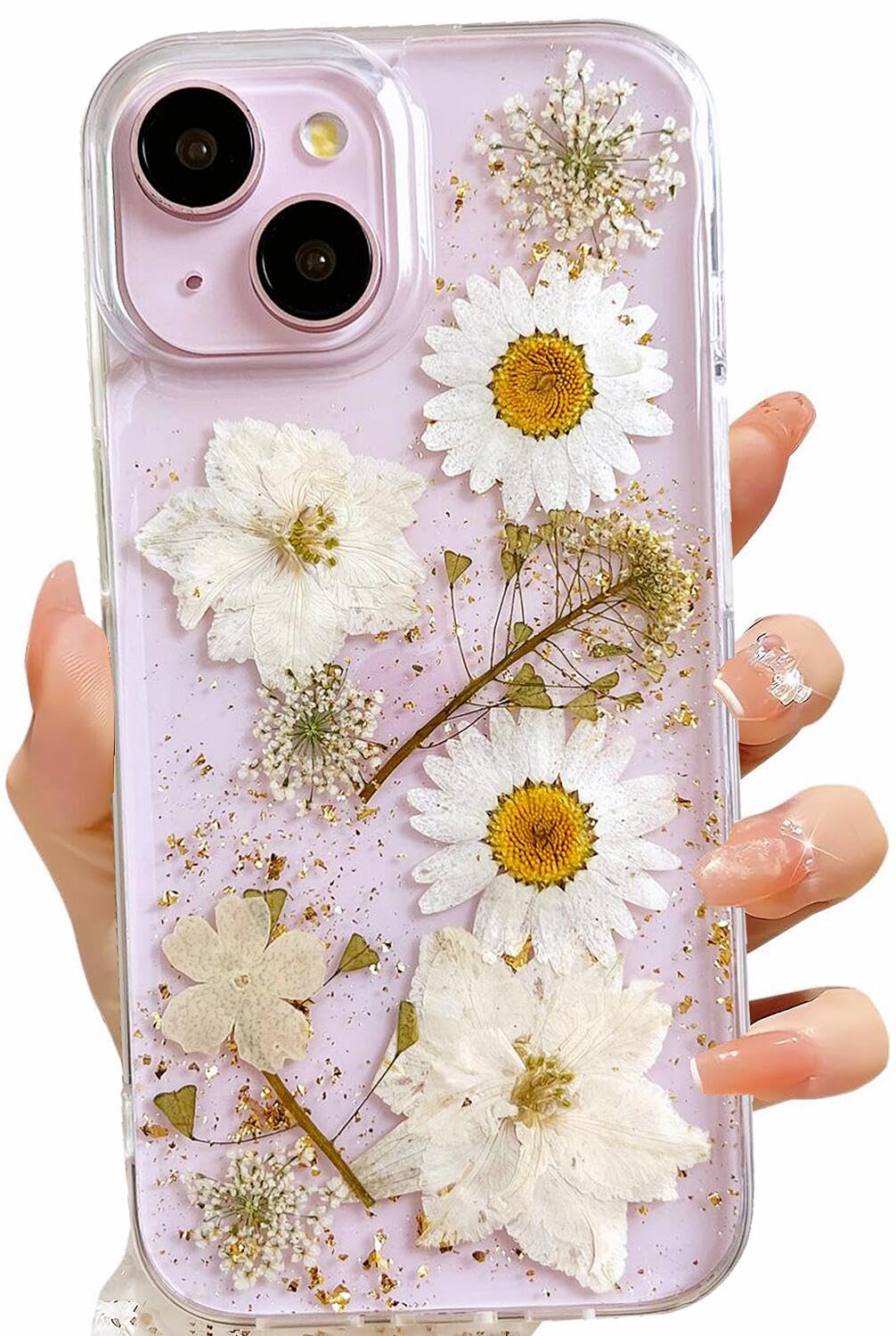 Lseeka For Iphone 14 Plus/Iphone 15 Plus Clear Case With Pressed Real Flowers Design,Glitter Cute White Floral Pattern Slim Soft