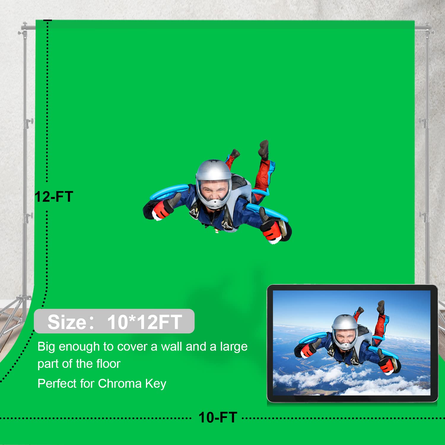 Aimosen 12 X 10 Ft Large Green Screen Backdrop For Photography, Greenscreen Background For Zoom Meeting, Polyester Cloth Fabric