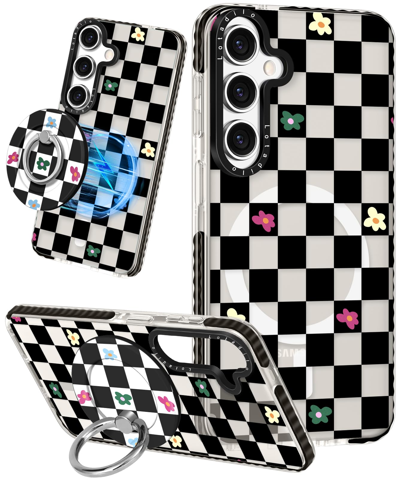 Lotadilo Cute Case for Samsung Galaxy S25 Edge for Women Girls - Funny Plaid Flower Design Compatible with Magsafe Magnetic Ring