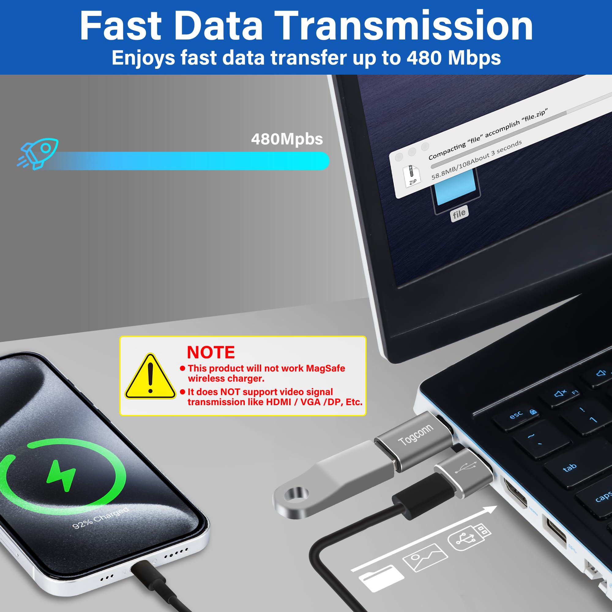 Usb A To Usb C Adapter (2 Pack), [Slim Design, Side By Side Use] Usb 2.0 (Male) To Usb C (Female) Charger Converter Connector Fo