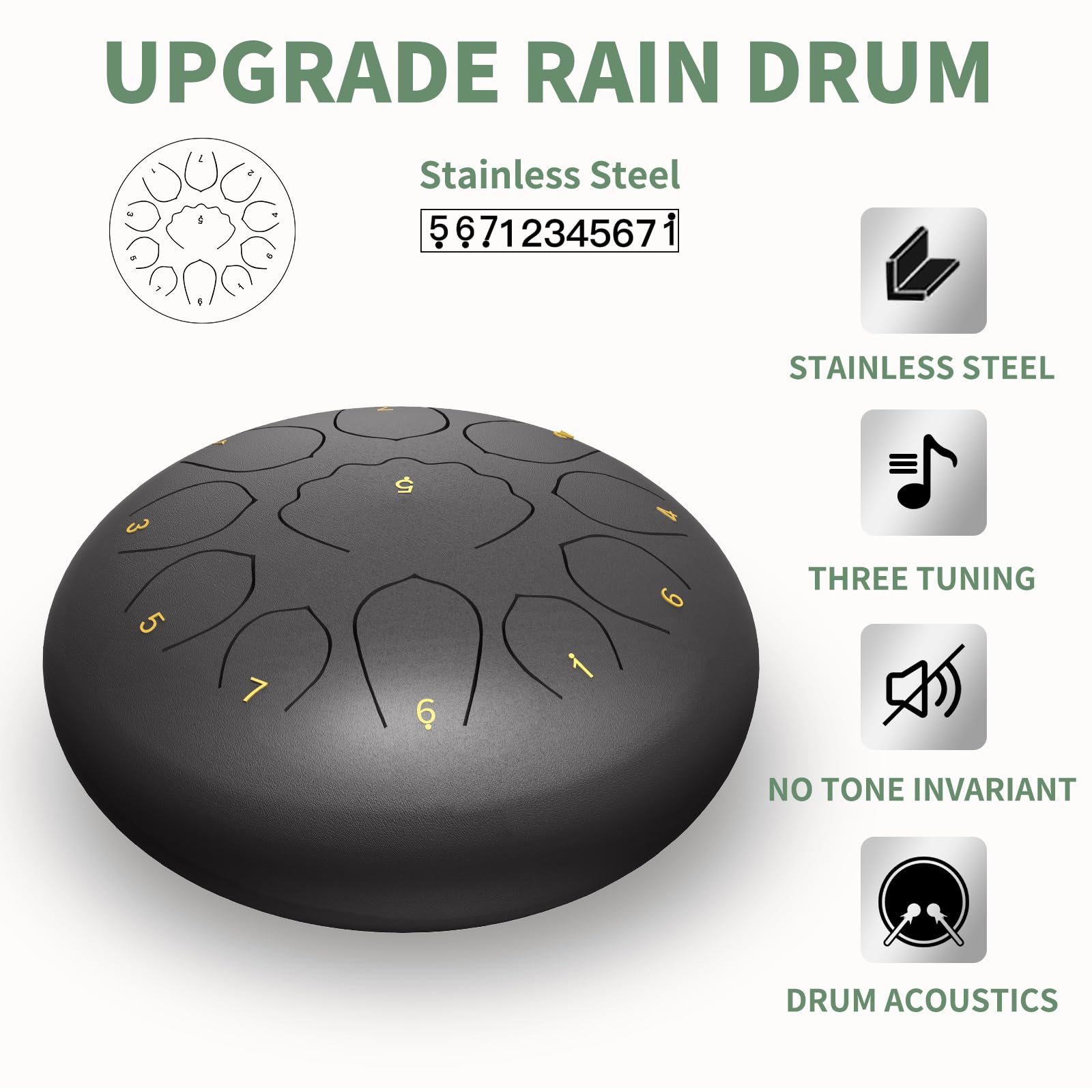 Rain Drum For Outside Garden, 8 Inches 11 Notes Steel Tongue Chakra Chime When It Rains (Black)