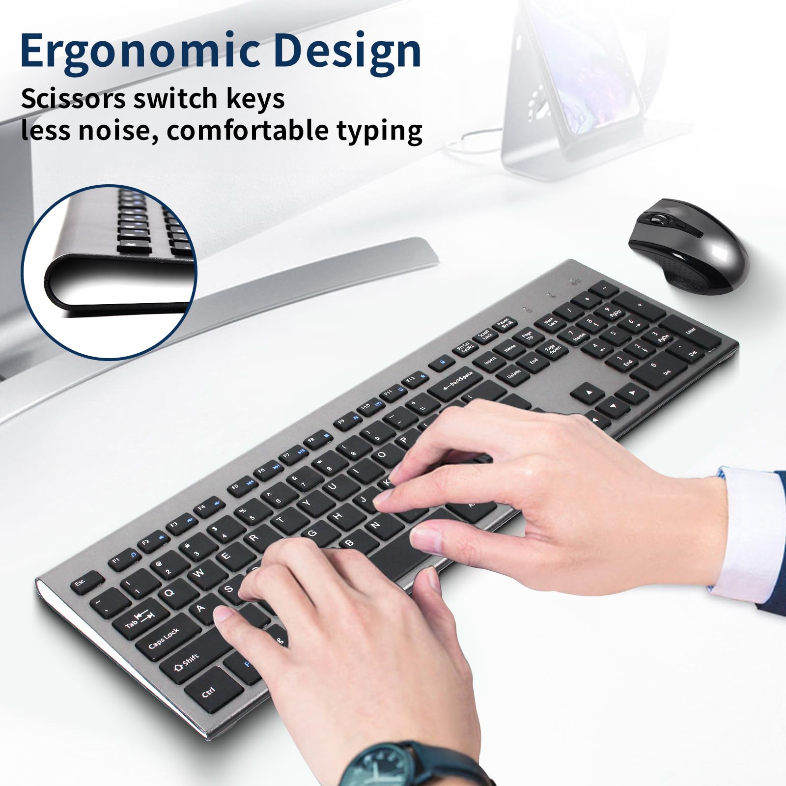 Kangrui Wireless Keyboard And Mouse Combo 17 Inch Full Size 2.4G Usb Ergonomic Slim Silent Wireless Keyboard And Silent Wireless
