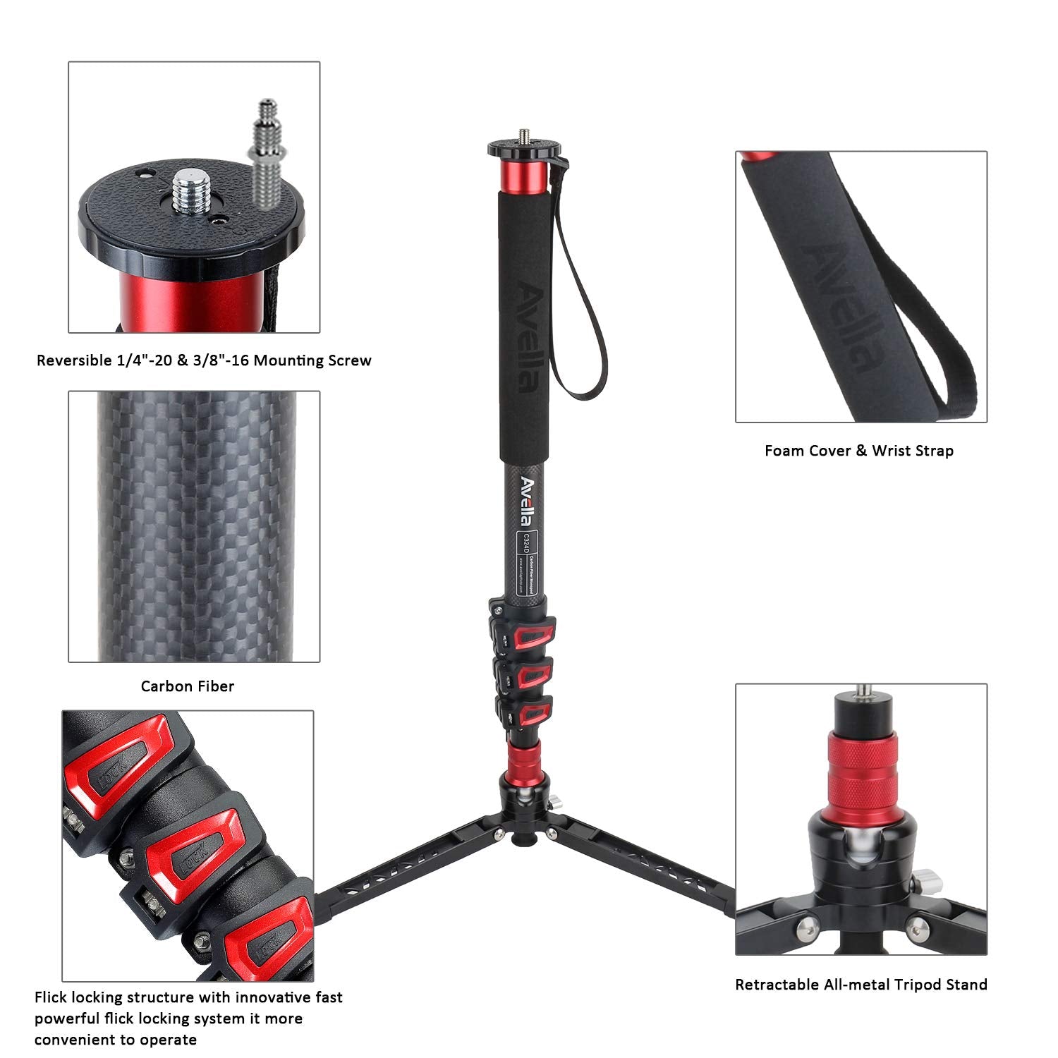 Avella C324D Carbon Fiber 67 Inch Camera Monopod Professional Telescopic Video Monopods Base Tripod For Canon Nikon Sony Olympus Panasonic Dslr Camera