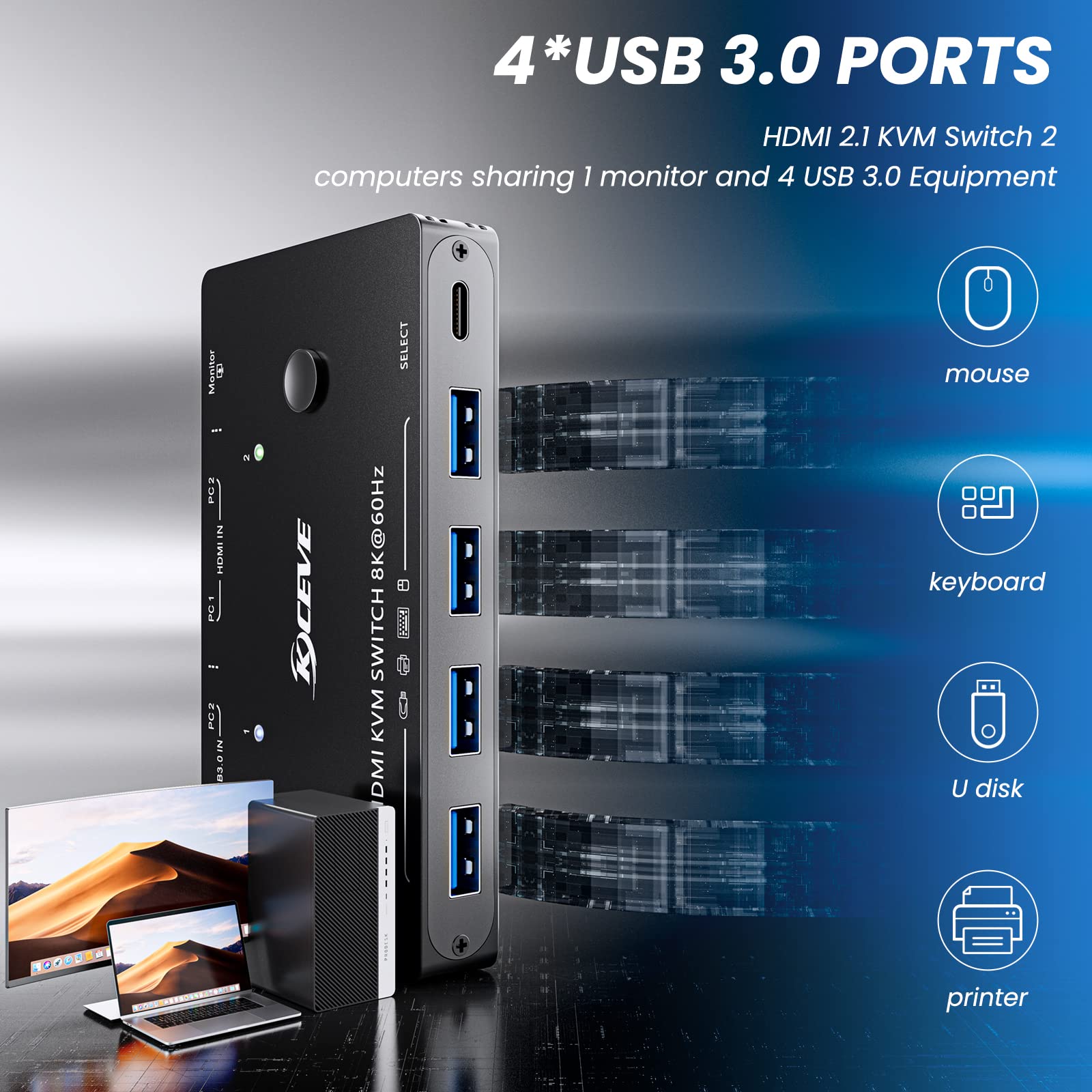 Kvm Switch Hdmi 2 Port Box,Usb 3.0 And Hdmi Switch 8K@60Hz For 2 Computers Share Keyboard Mouse Printer And 1 Hd Monitor,With Re