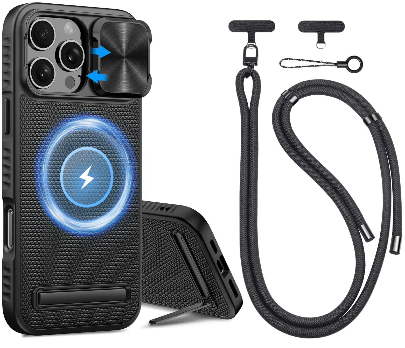 Vihibii For Iphone 16 Pro Max Case With Crossbody Lanyard Strap, Slide Camera Lens Cover & Kickstand, [Compatible With Magsafe],