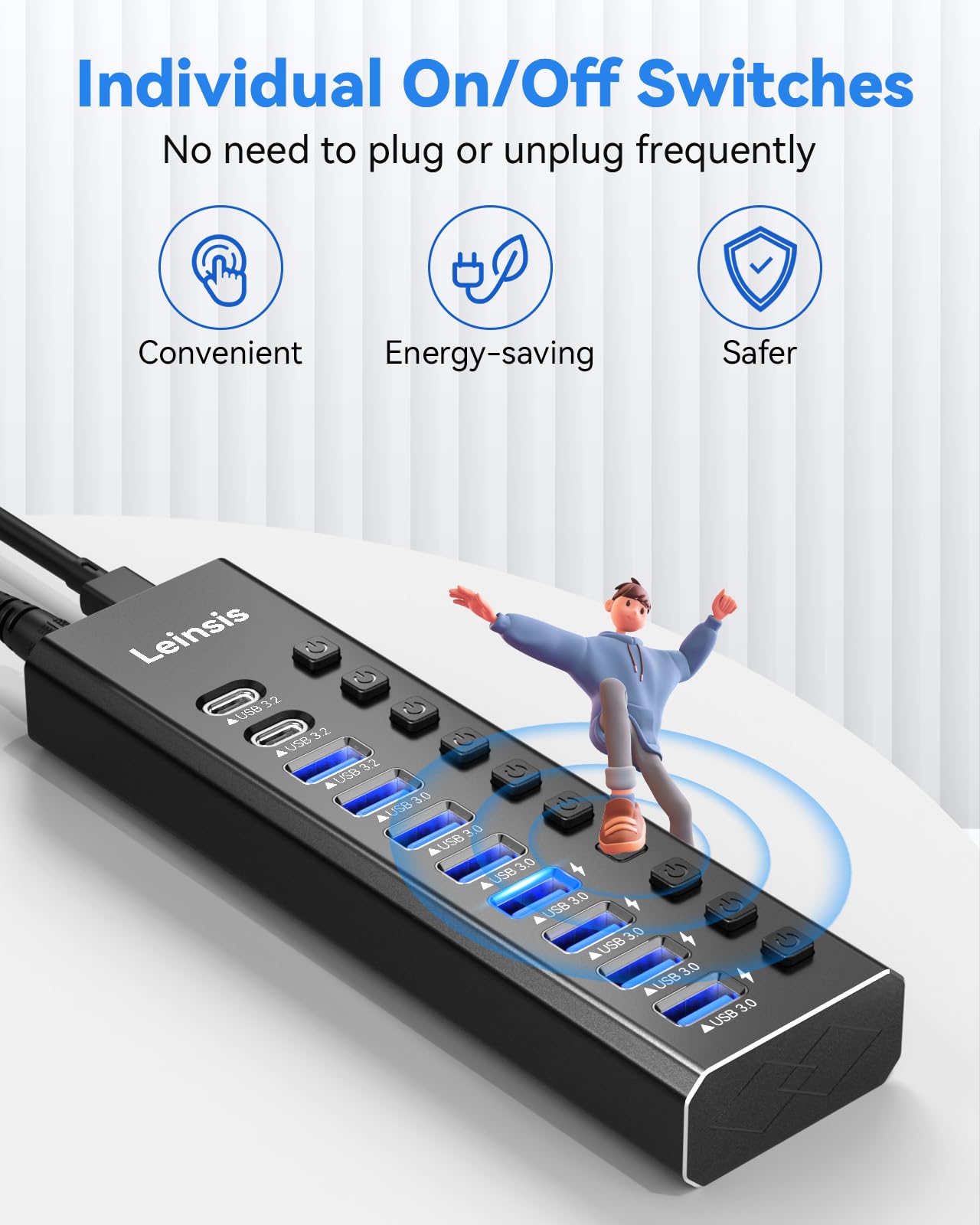 Powered Usb Hub 3.2, Leinsis 10 Port Usb 3.2/Usb C Hub (10Gbps Usb A 3.2 +2 Usb C 3.2 +7 Usb 3.0 Ports) With Individual On/Off S