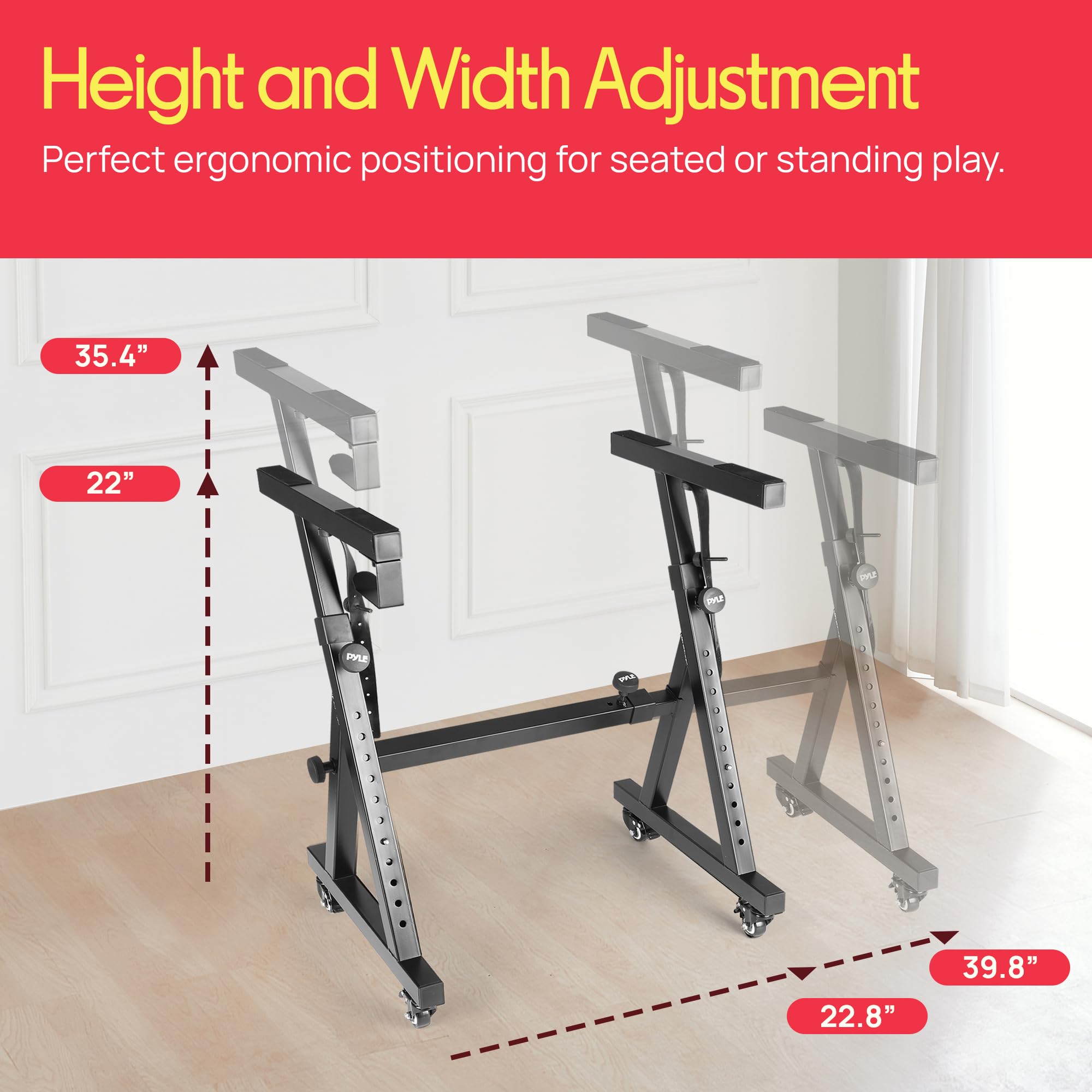 Pyle Universal Electronic Piano, Black Heavy-Duty Z Style Keyboard Stand With Locking Wheels, Adjustable Height And Width, Porta