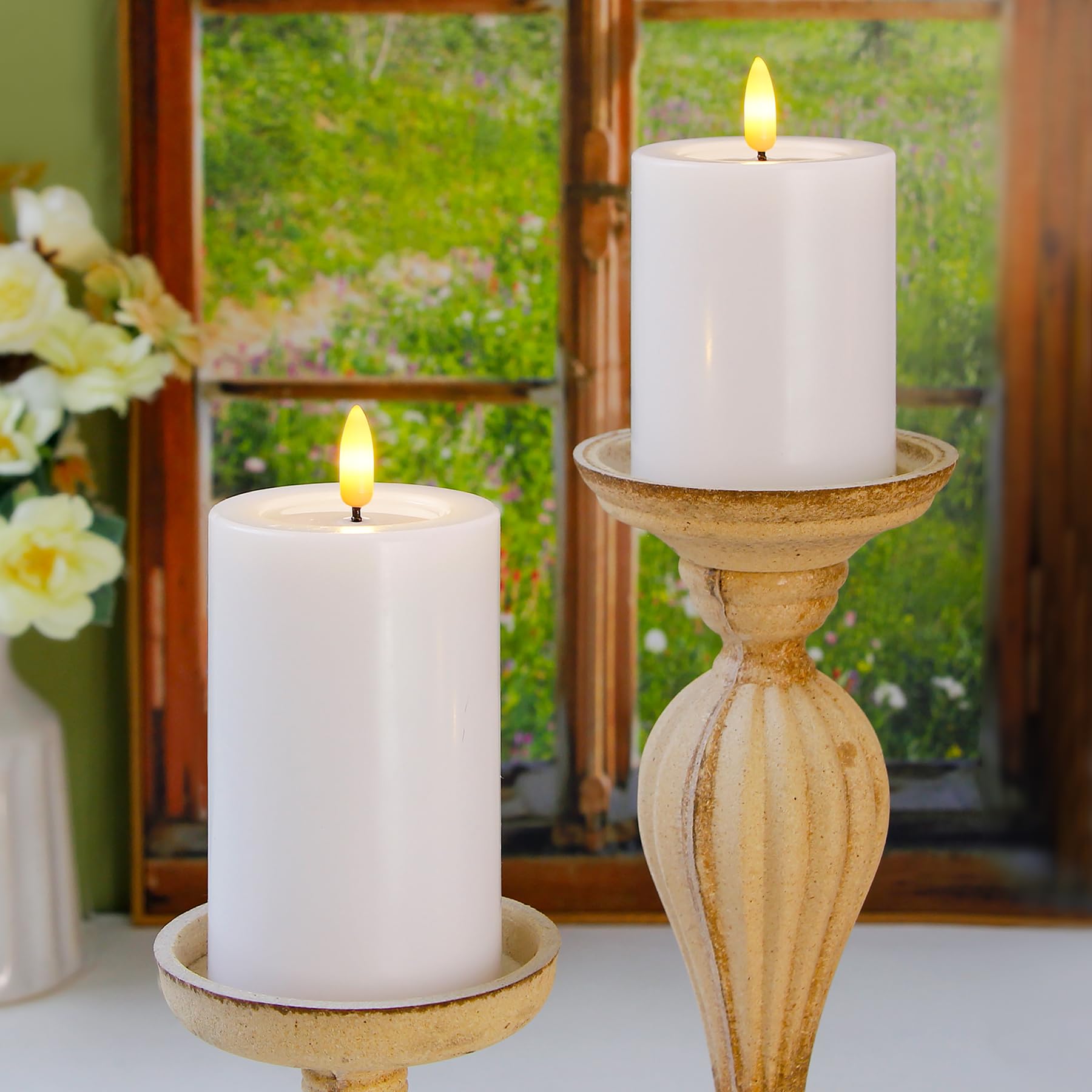 Yeelida Remote Flameless Flickering Pillar Candles With Candle Grease Effect,Pack Of 3 White Led Battery Oprated 2/4/6/8 Hours T