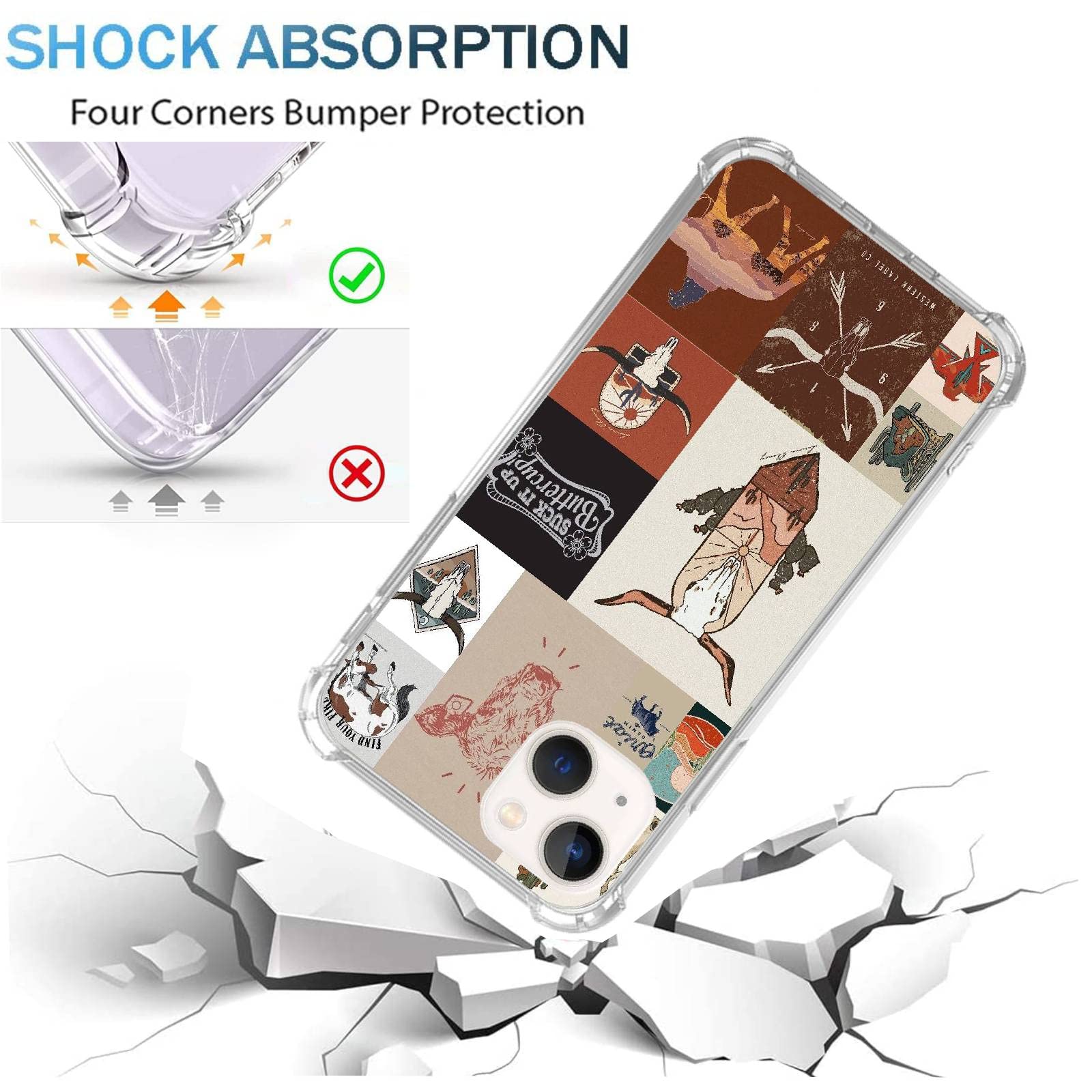 Wizeyake Western Country Collage Phone Case Compatible With Iphone 14, Boho Western Cow Horse Collage Trendy Cool Girl Boy Case