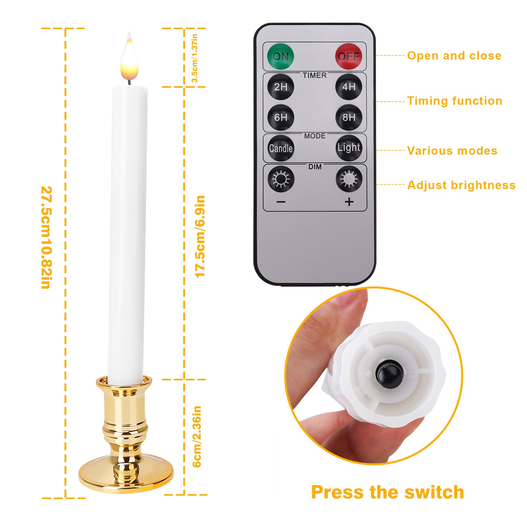 Poqcct Led Flameless Window Candles With Remote Timer 10 Pcs Battery Operated Flickering Taper Candle Lights With Removable Gold