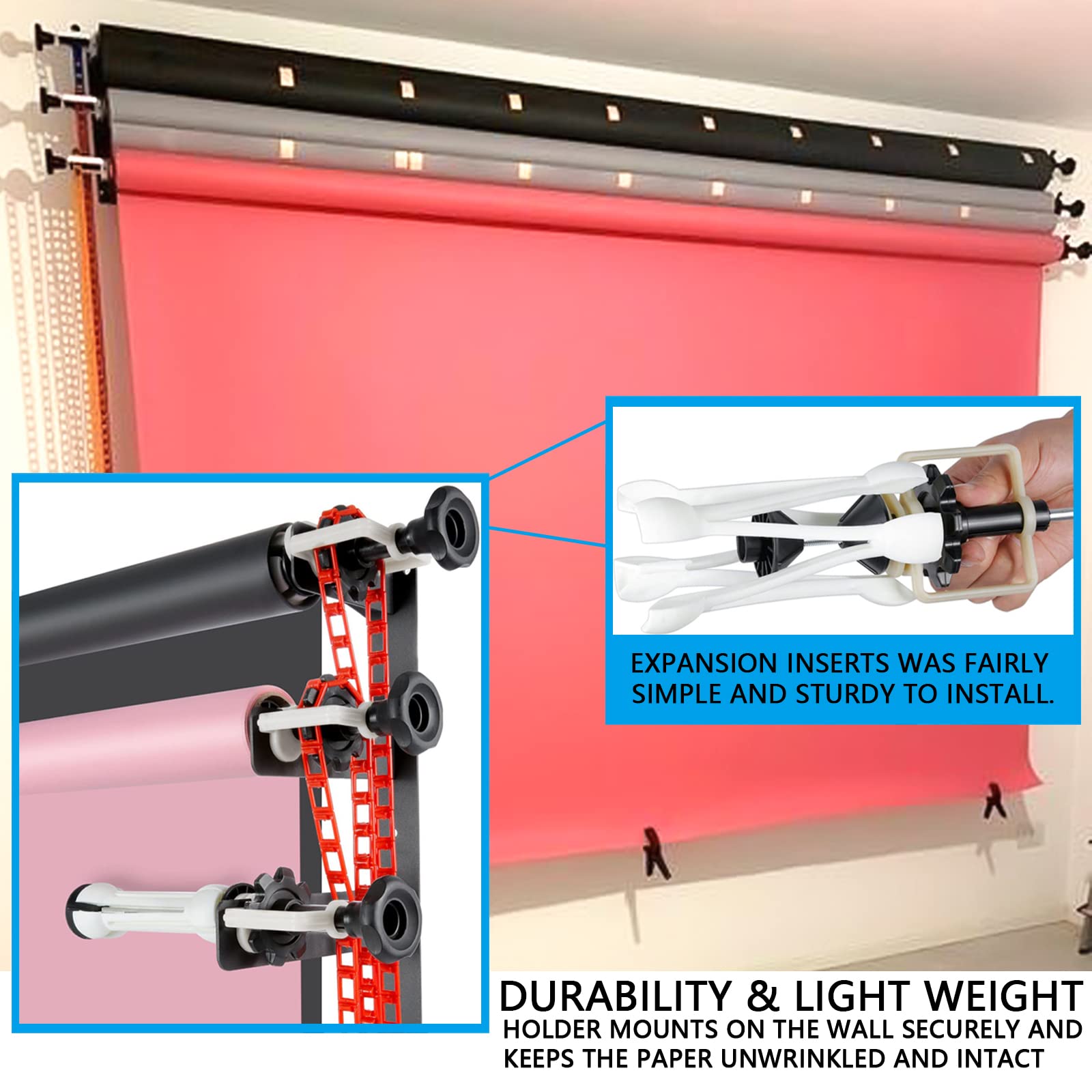 Photography Backdrop Wall Mount 3 Roller Support System, Manual Photo Background Ceiling Holder, Including 2 Tri Fold Hooks, 6 E