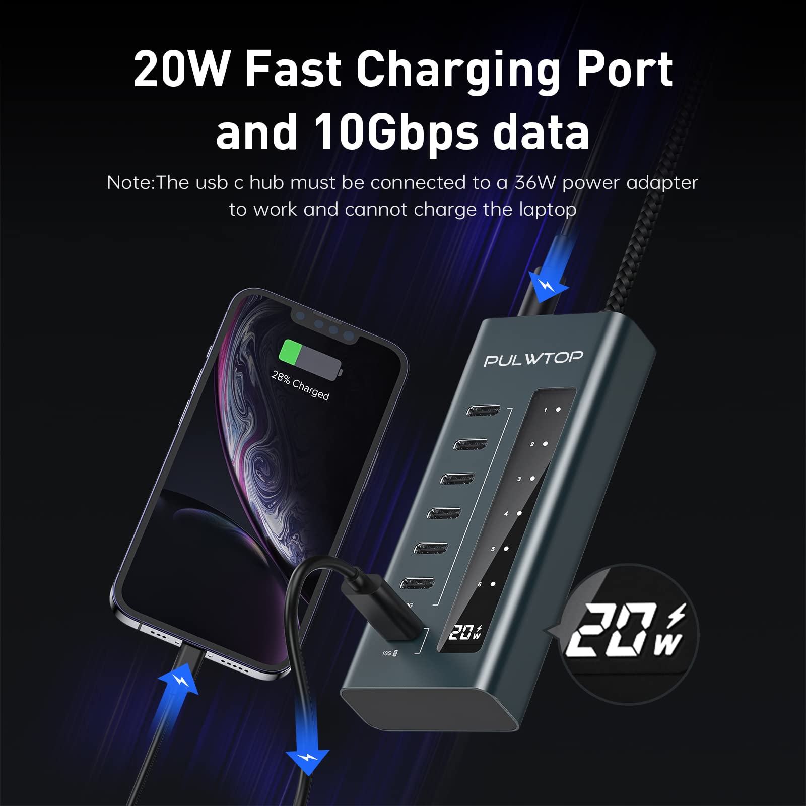 Pulwtop Usb C Hub For Laptop, 7 In 1 10Gbps Usb C To Usb C Hub Support Data & Charging(Not Support Video), Usb C 10Gbps Ports Fo