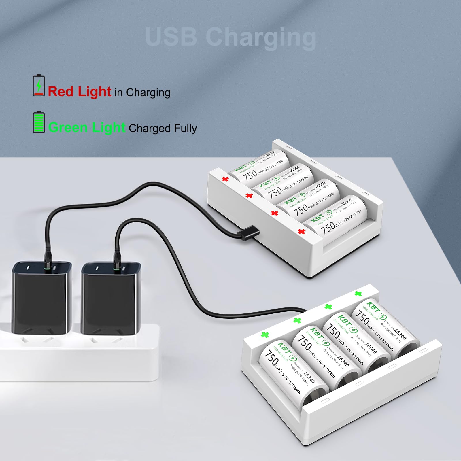 KBT KEEP BETTER TECH 123A Battery Charger with 8 Rechargeable 3.7V 750mAh Batteries for Arlo Wireless Cameras