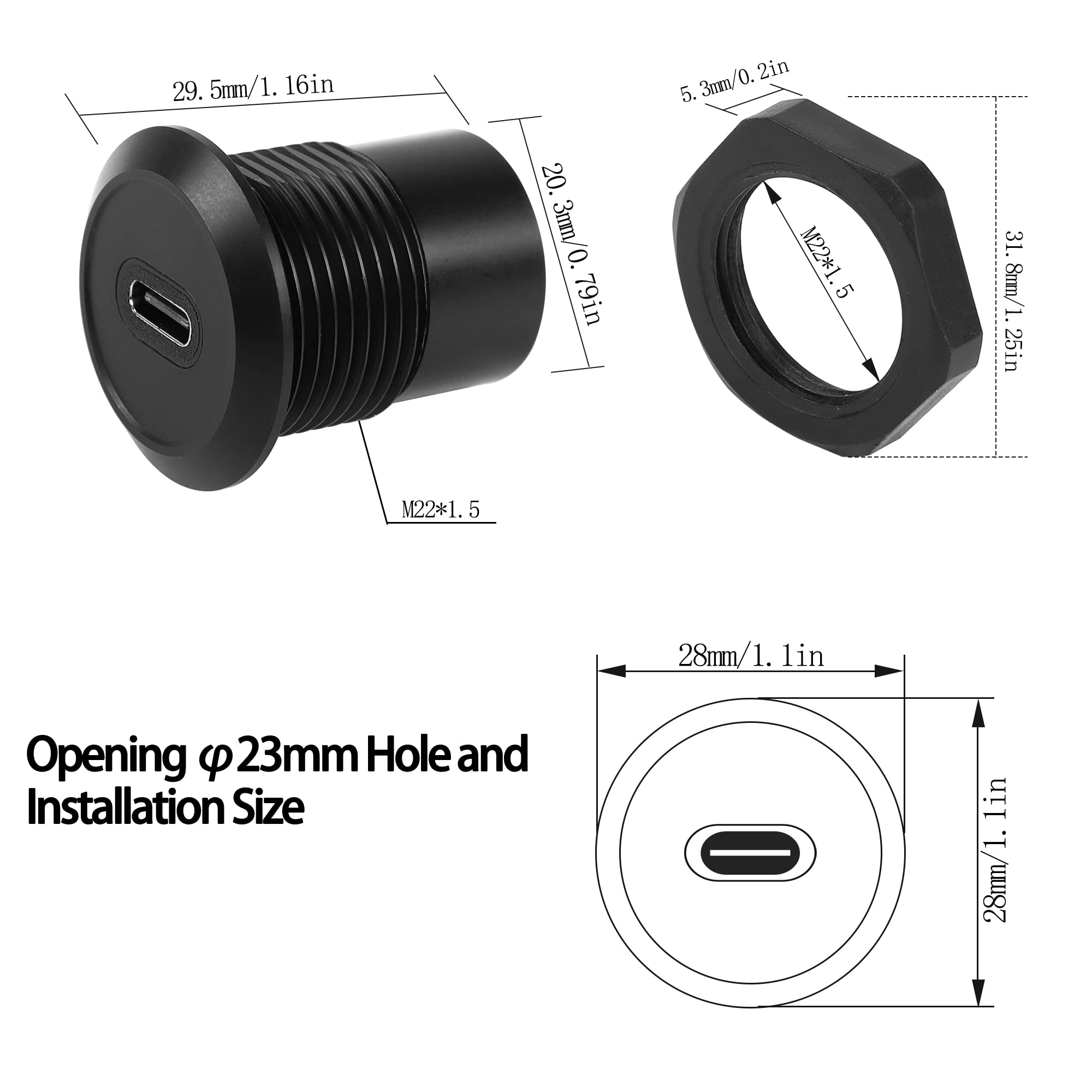 Qianrenon Usb C Panel Threaded Fixed Mount Coupler Converter Adapter Usb 3.1 Type C Female To Female Flush Panel Mount Connector