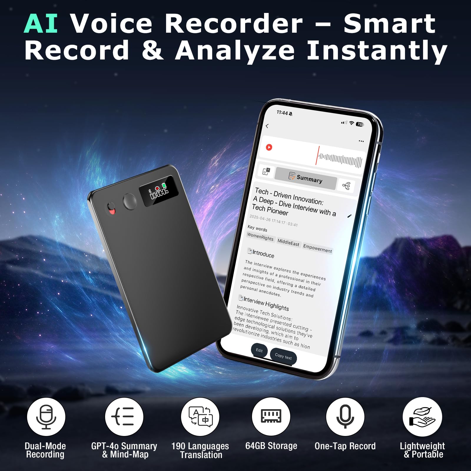 Zeoupt Ai Voice Recorder, Audio Activated Recorder With Playback, App Control, Transcribe & Summarize With Ai Technology, 190 La