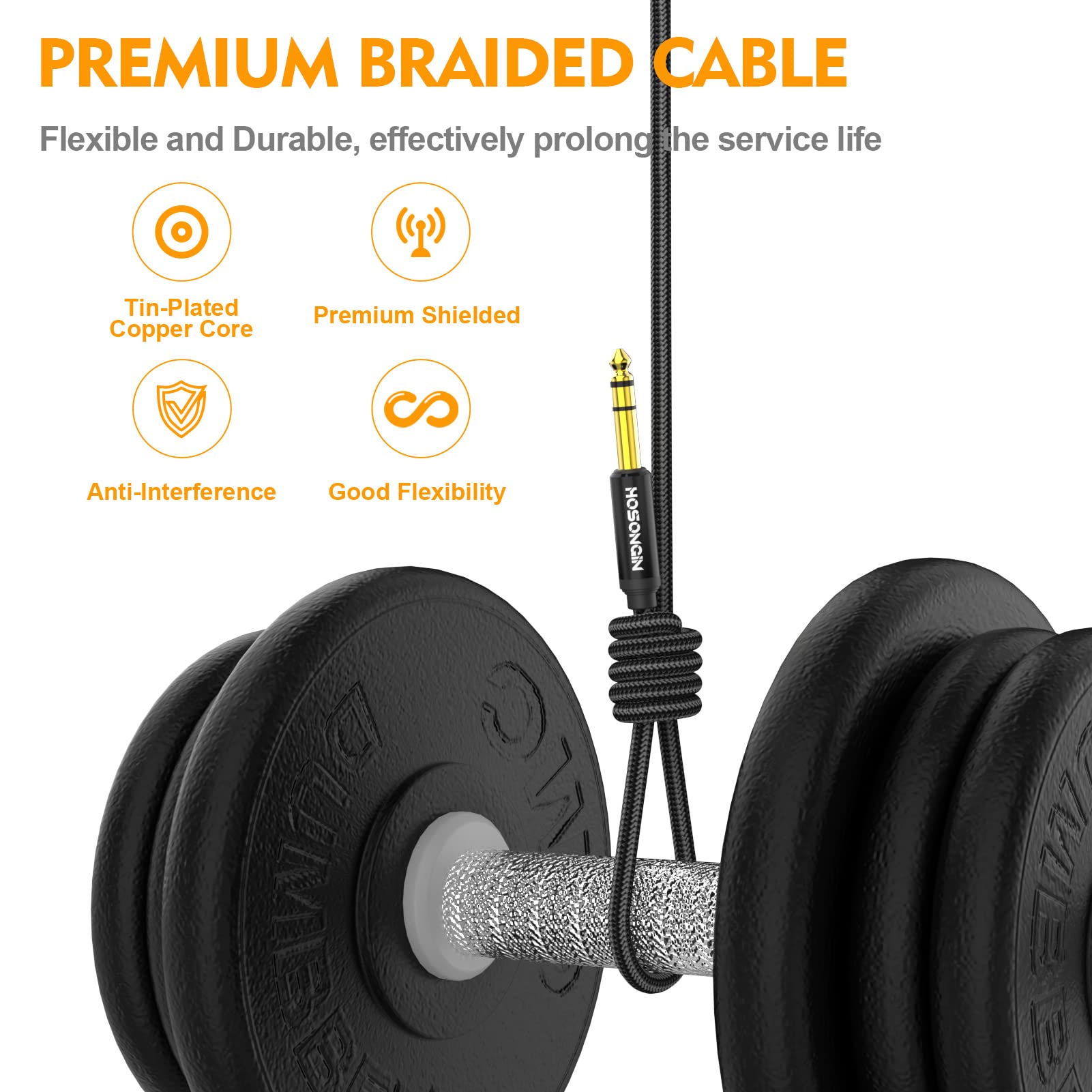 Hosongin 1/4 Inch Trs Instrument Cable 10 Feet 2 Pack, Straight To Right Angle 6.35Mm Male Stereo Audio Cord, Balanced Interconn