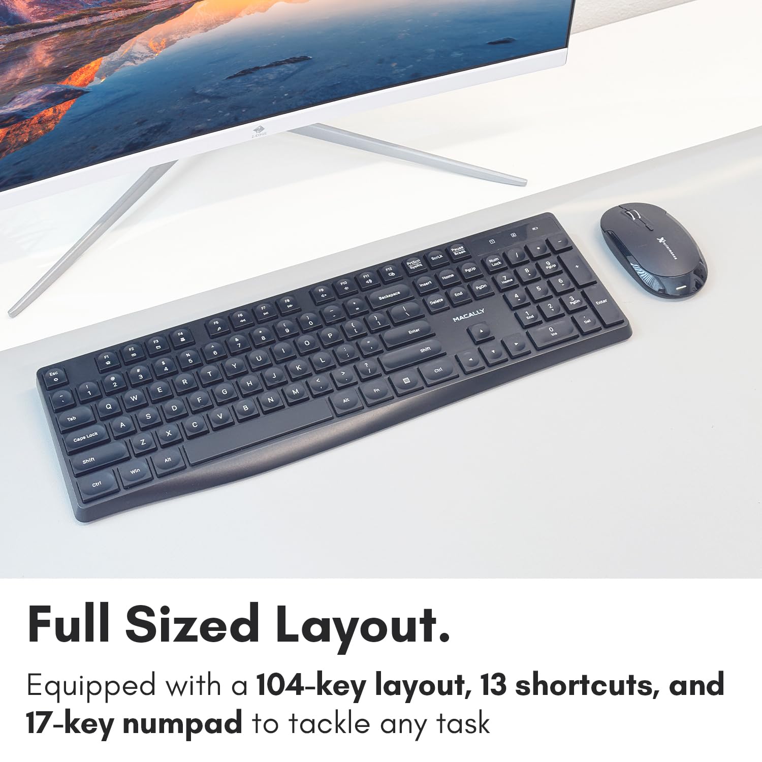 Macally Wireless Keyboard | 2.4 Computer Keyboard | Full Size Keyboard Wireless (Quiet Keys) All Day Comfortable Typing With Cor