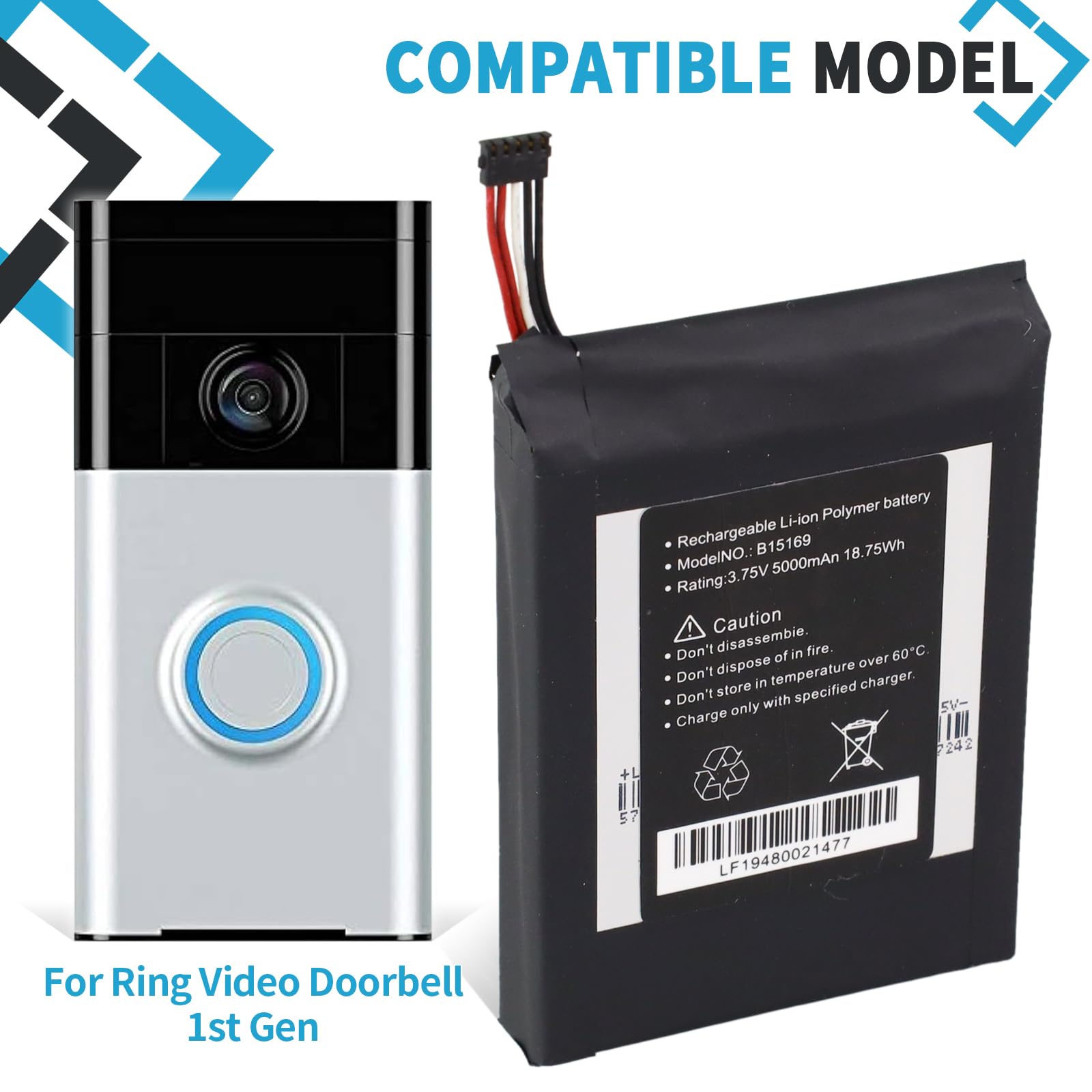 Wrumi B15169 Replacement For Ring Doorbell Battery: Video Doorbell 1St Gen Battery 5-Pin - Model B15169 Video Doorbell 1St Gener