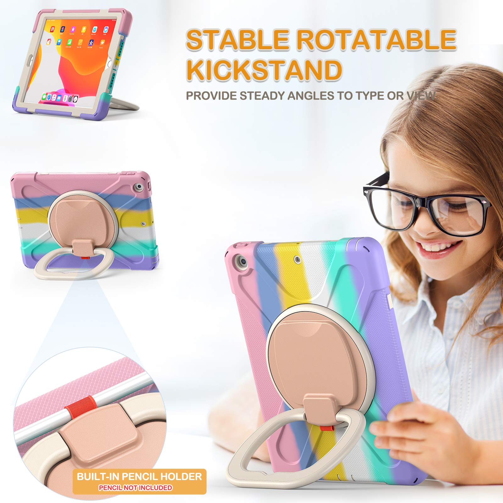 Braecn Kids Case For Ipad 9Th 8Th 7Th Generation 10.2 2021 2020 2019, Shockproof Silicone Case With Screen Protector, Pencil/Pen