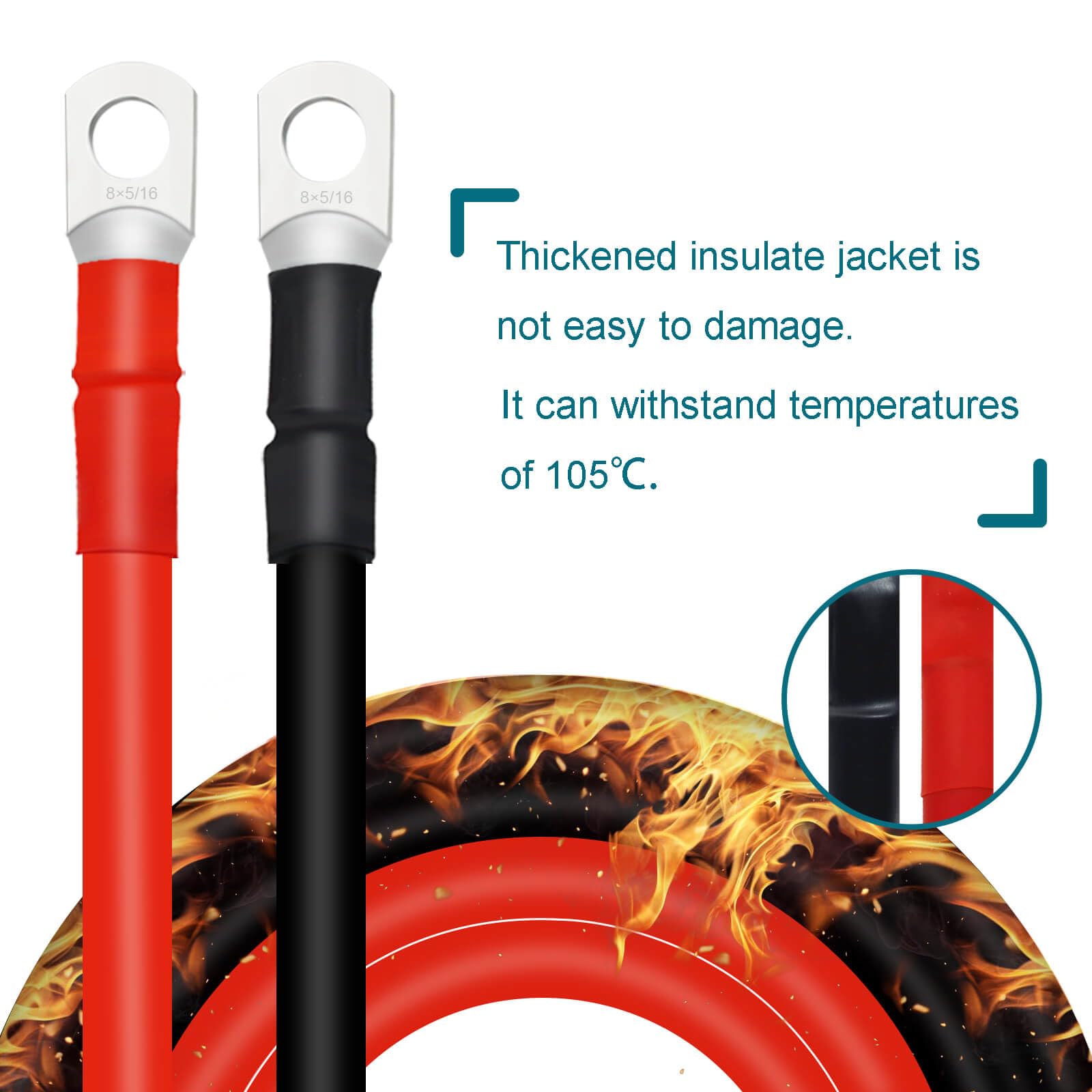 Qiatol Copper Battery Cables With Terminals, 4Pcs (1Ft), 8 Awg, Pvc Insulated, Automotive, Outdoor, Solar, Marine