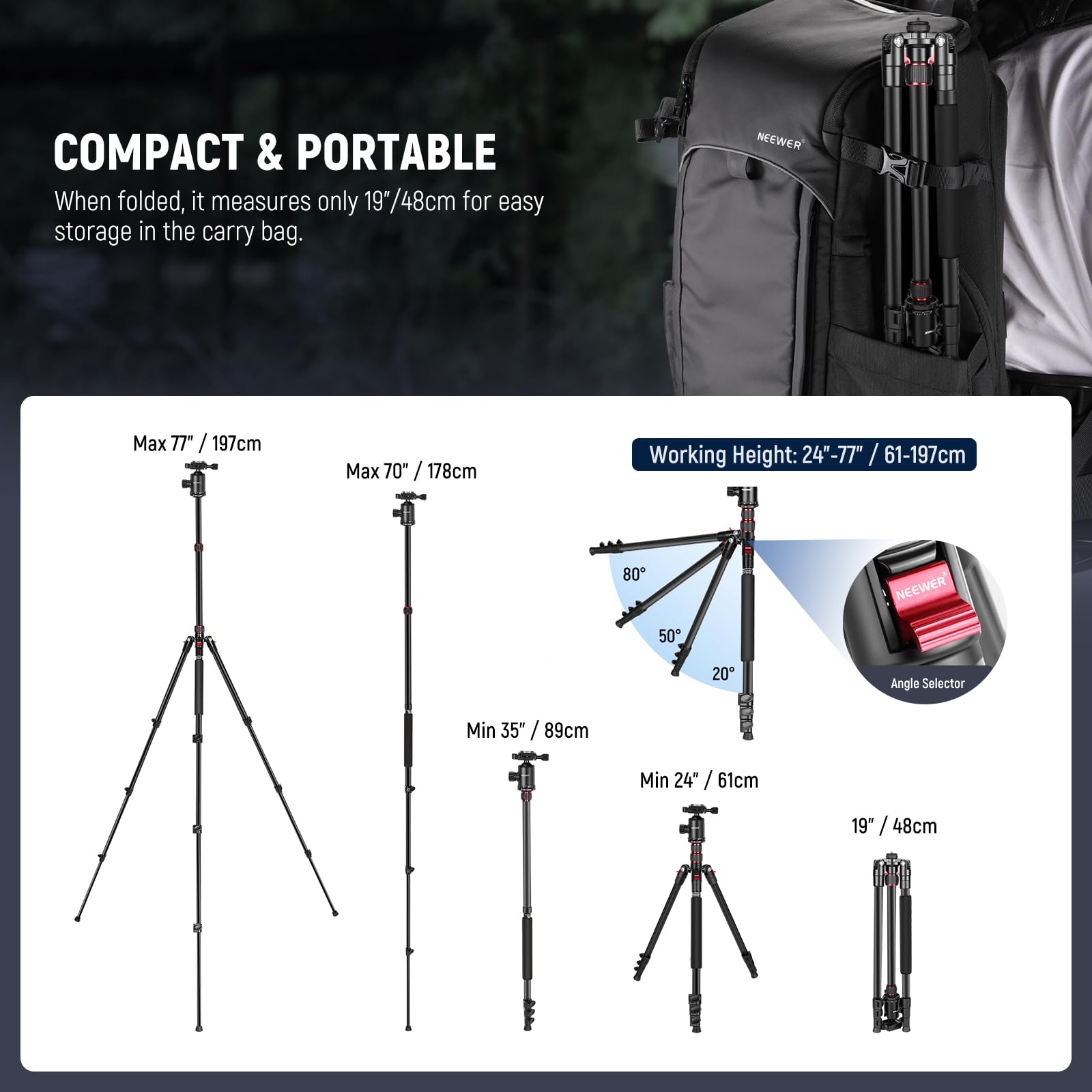 Neewer 77 Inch Camera Tripod Monopod For Dslr, Phone With 360 Panoramic Ball Head, 2 Axis Center Column, Arca Type Qr Plate, Com