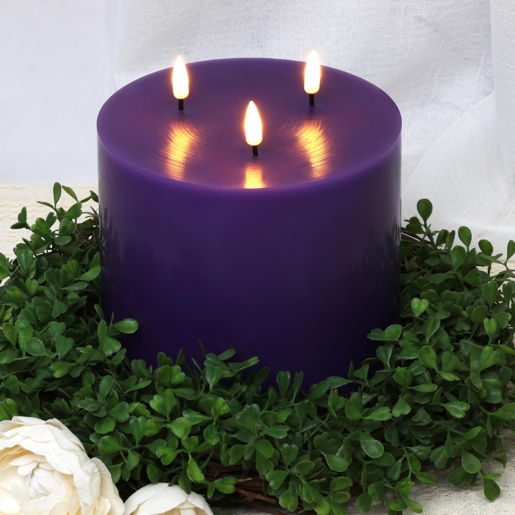 Eywamage 3 Wick Purple Flameless Candle With Remote, Real Wax Flickering Led Pillar Candle F 6'' H 6''