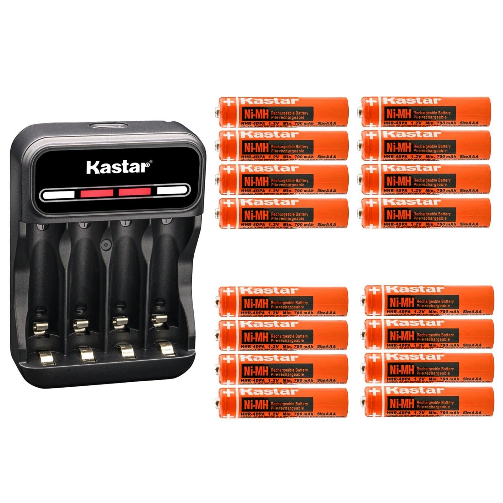 Kastar 16-Pack Battery and CMH4 Smart USB Charger Compatible with Panasonic 1.2V 400mAh BK40AAABU, 1.2V 550mAh HHR-4DPA/4B HHR-5