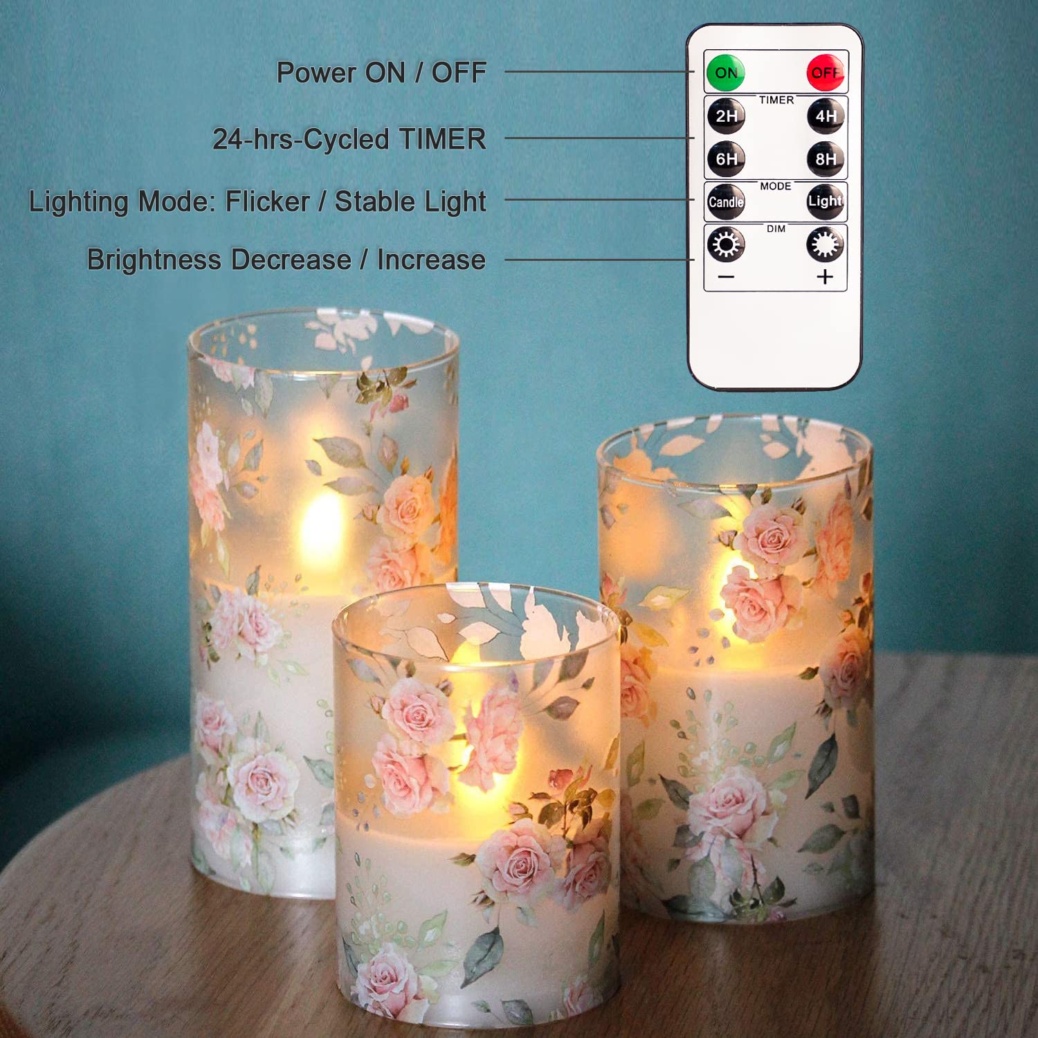 Gorge Moment Rose Flameless Candles Love Theme Battery Operated Glass Effect Flickering Led Candle With Remote Timer Pink Flower