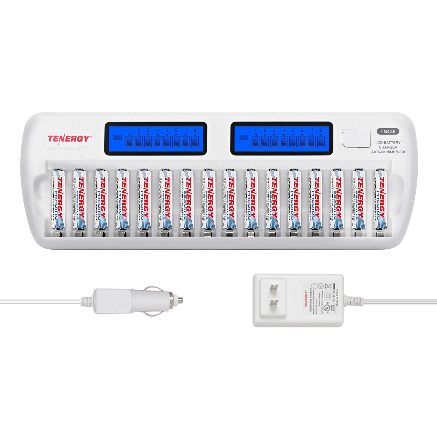 Tenergy Tn438 16 Slot Smart Battery Charger For Aa/Aaa Nimh/Nicd Lcd Display + 16 Premium Aaa Rechargeable Batteries