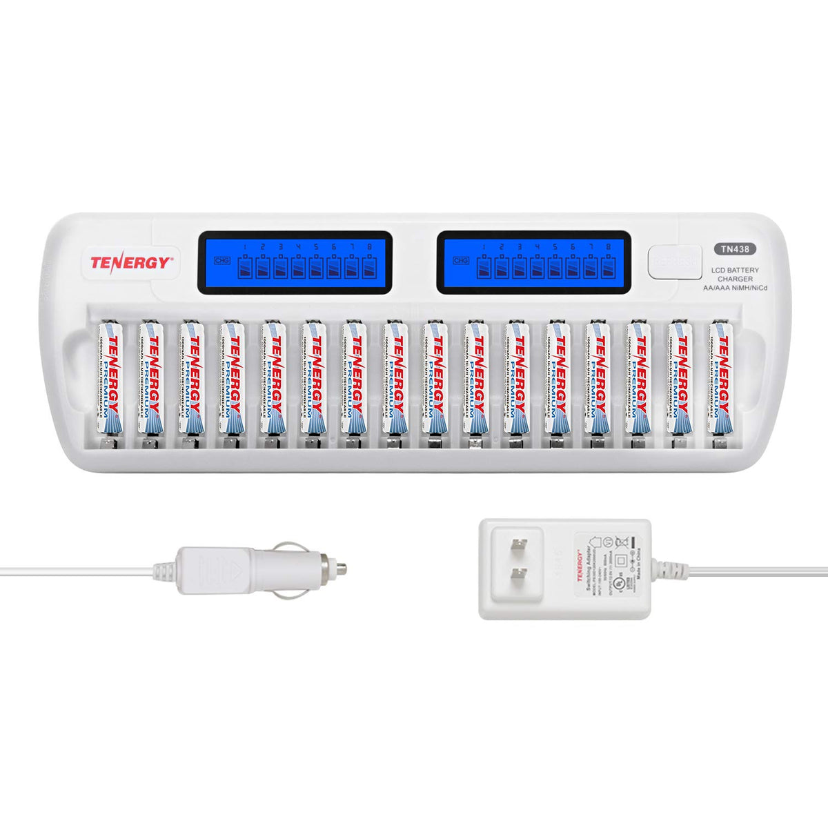 Tenergy Tn438 16 Slot Smart Battery Charger For Aa/Aaa Nimh/Nicd Lcd Display + 16 Premium Aaa Rechargeable Batteries