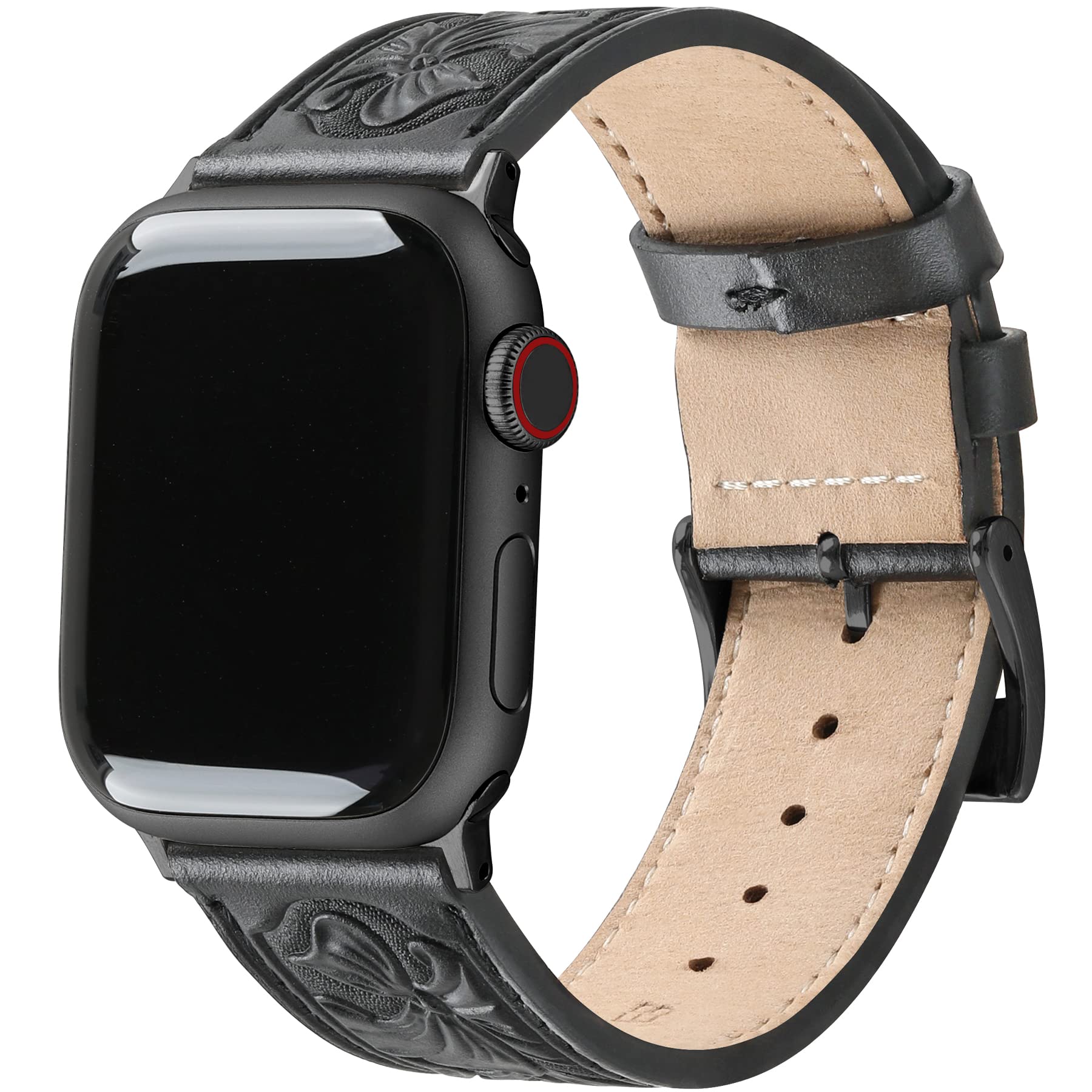 Falandi For Apple Watch Band Leather Black 42Mm 41Mm 40Mm, Western Retro Leather Classical Replacement Smart Watch Band For Iwat