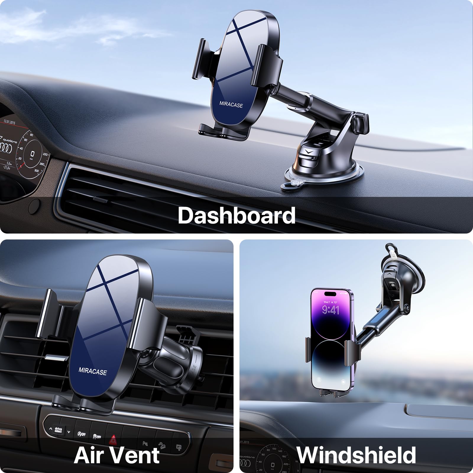 Miracase 3-In-1 Cell Phone Holders For Your Car, Universal Car Phone Holder Mount For Dashboard Air Vent Windshield Compatible W