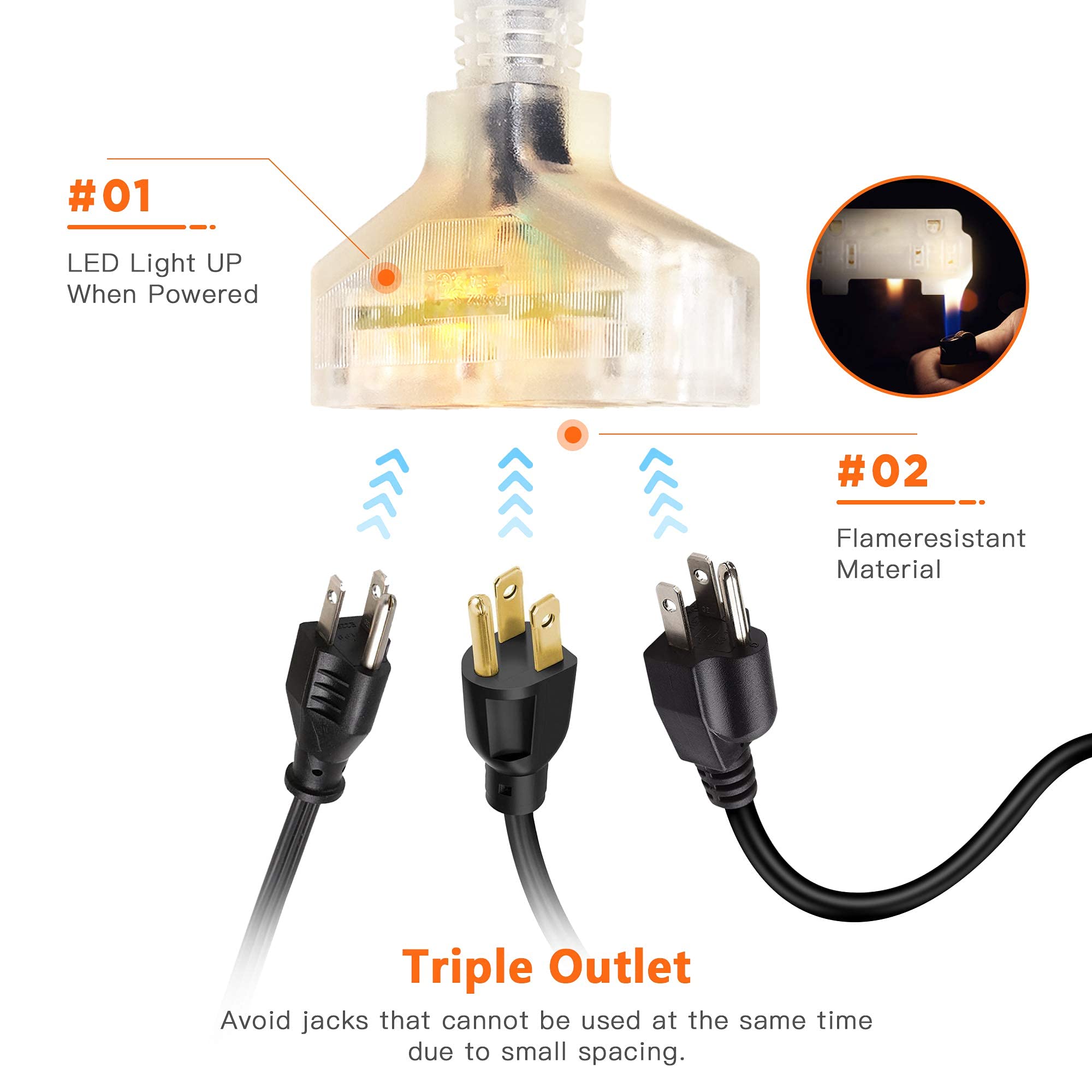 Giraffe Tools De14 Retractable Extension Cord Reel 50 Ft 14/3Awg Power Cord Storage Reel Wall/Ceiling Mount, Lighted Triple Tap