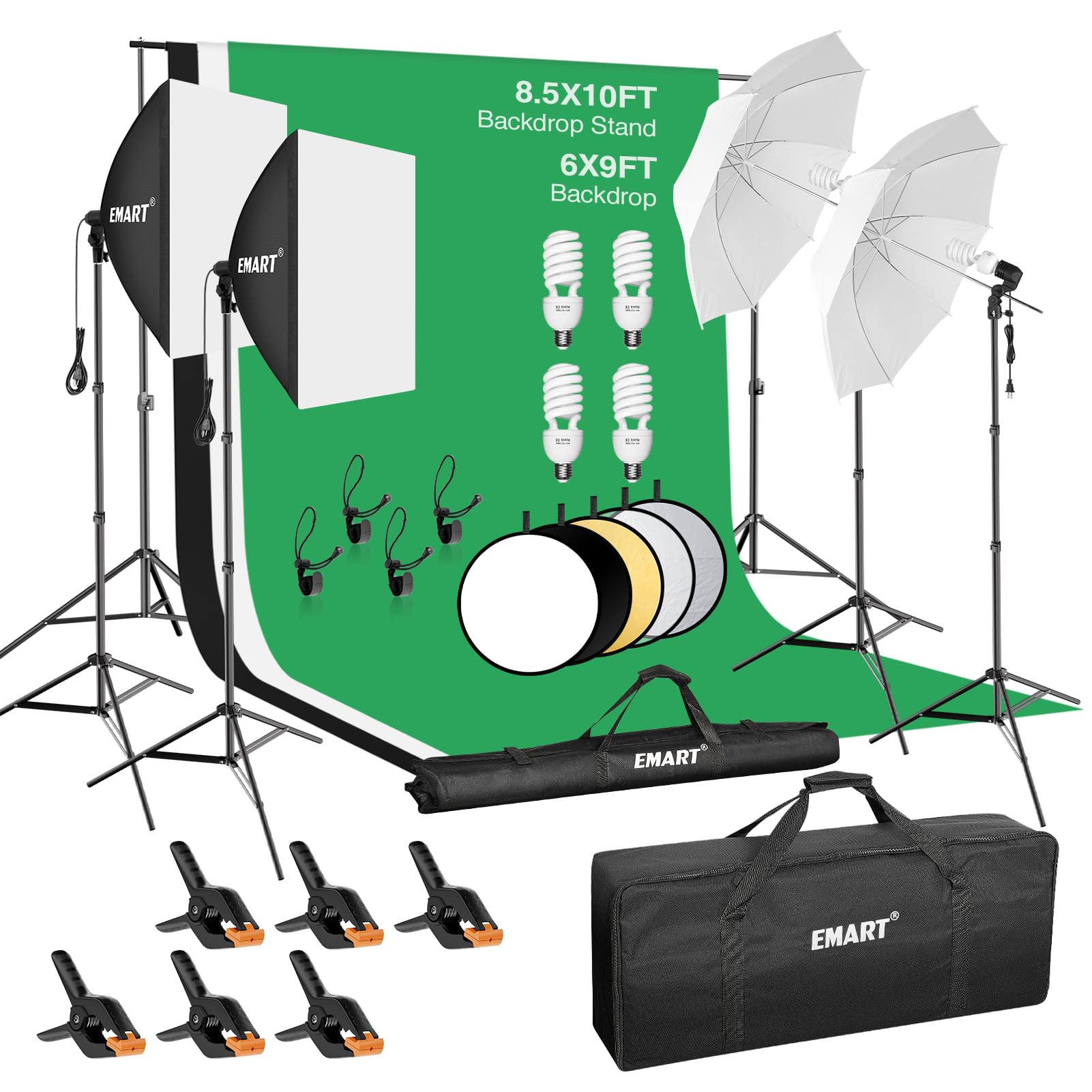 Emart 8.5 X 10 Ft Backdrop Support System, Professional Photography Lighting Kit With 43'' Reflector | 6X9 Ft Muslin Backdrop *3