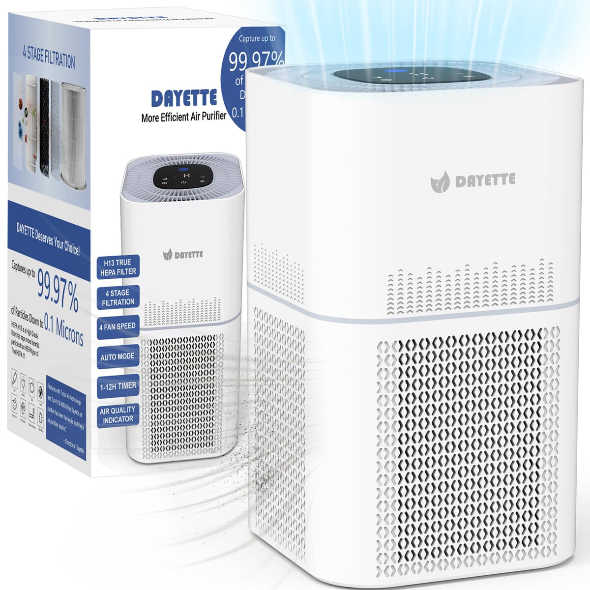 Dayette Hepa Air Purifiers For Home Large Room Up To 2200Ft, Air Purifiers For Bedroom With Air Quality Sensor, H13 True Hepa Fi