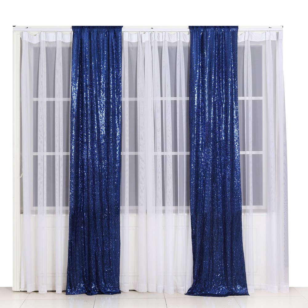 Squarepie Sequin Backdrop Non Transparent Background Sparkly Curtain For Wedding Party 2Ft X 8Ft Navy Blue 2Pcs