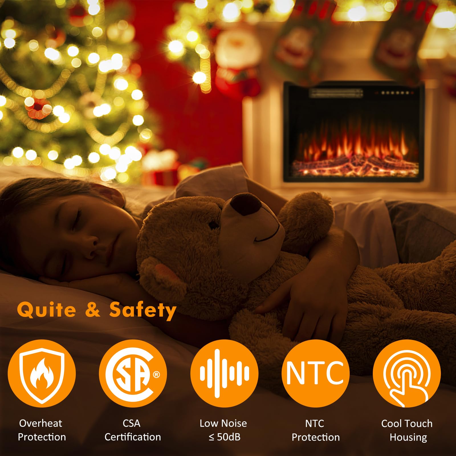 Bossin 23 Inch Electric Fireplace Insert With Stove Heater For Tv Stand,Led Realistic Flame,Recessed Mounted Fireplace Heater Wi