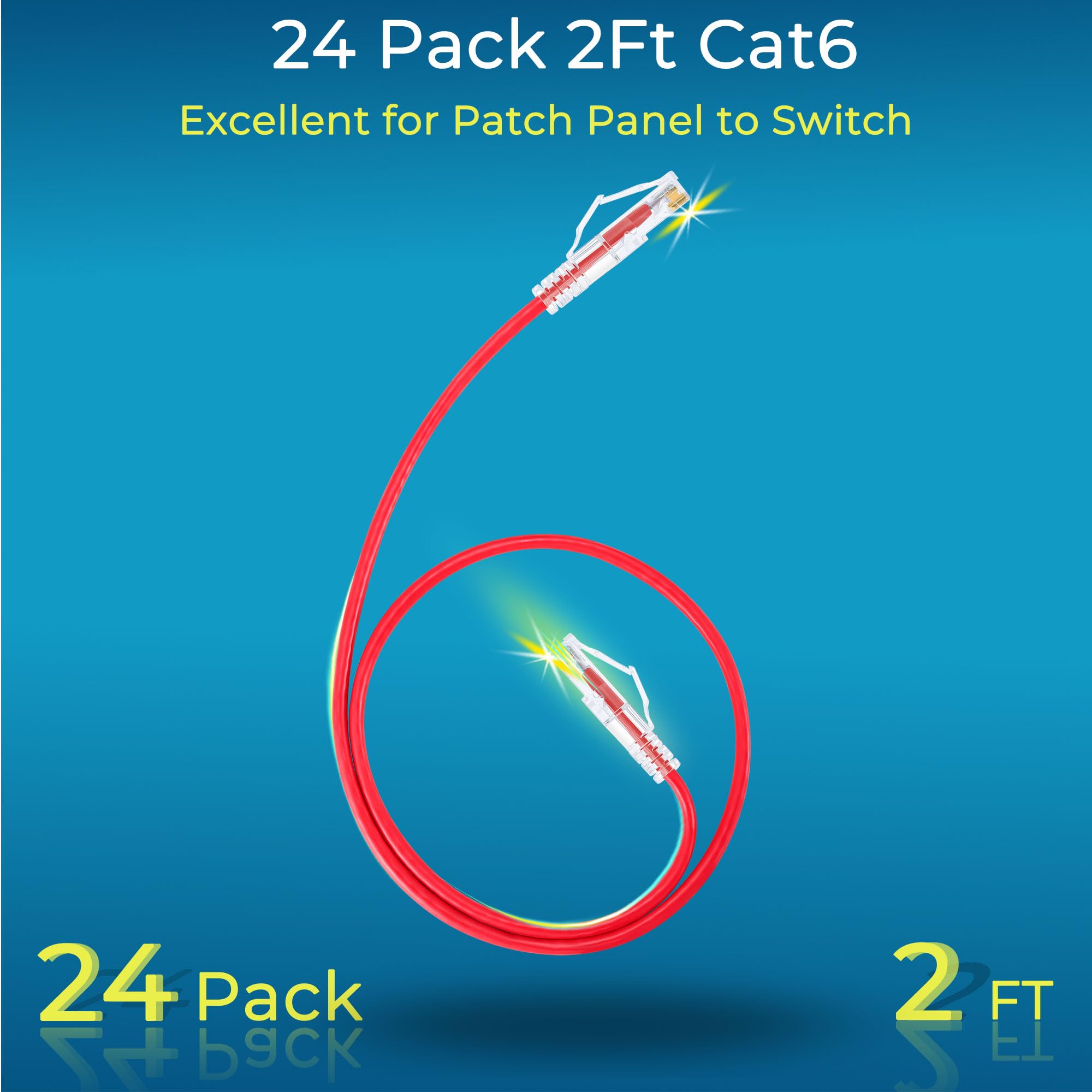 Rapink Patch Cables Cat6/ Cat6A 2Ft (24 Pack) Slim, Cat6A Ethernet Patch Cable 10G Support, Snagless Cat 6 Patch Cable For Patch Panel To Switch, Flexiable Cat6 Ethernet Cable Red