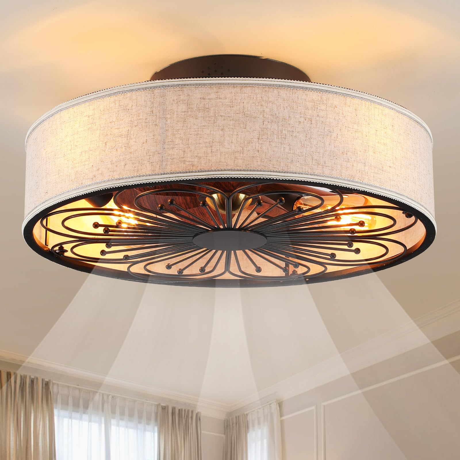 Alaruder Caged Ceiling Fans With Lights Flush Mount,Low Profile Ceiling Fan With Remote,20 Inch Farmhouse White Ceiling Fan For