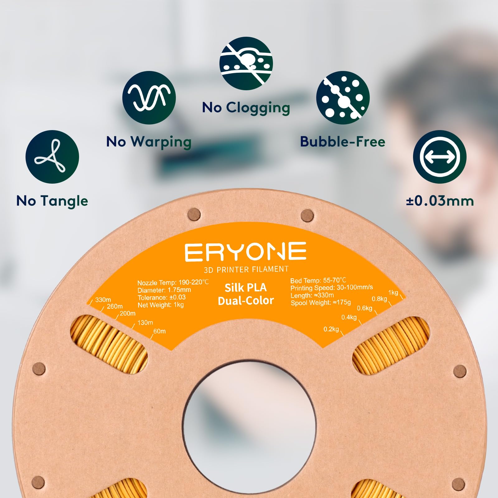 Eryone Silk Dual Color Pla Filament 3D Printer 1.75Mm +/- 0.03Mm, Bicolor Filament Two Tone Pla 1Kg(2.2Lbs) Cardboard Spool, Gol