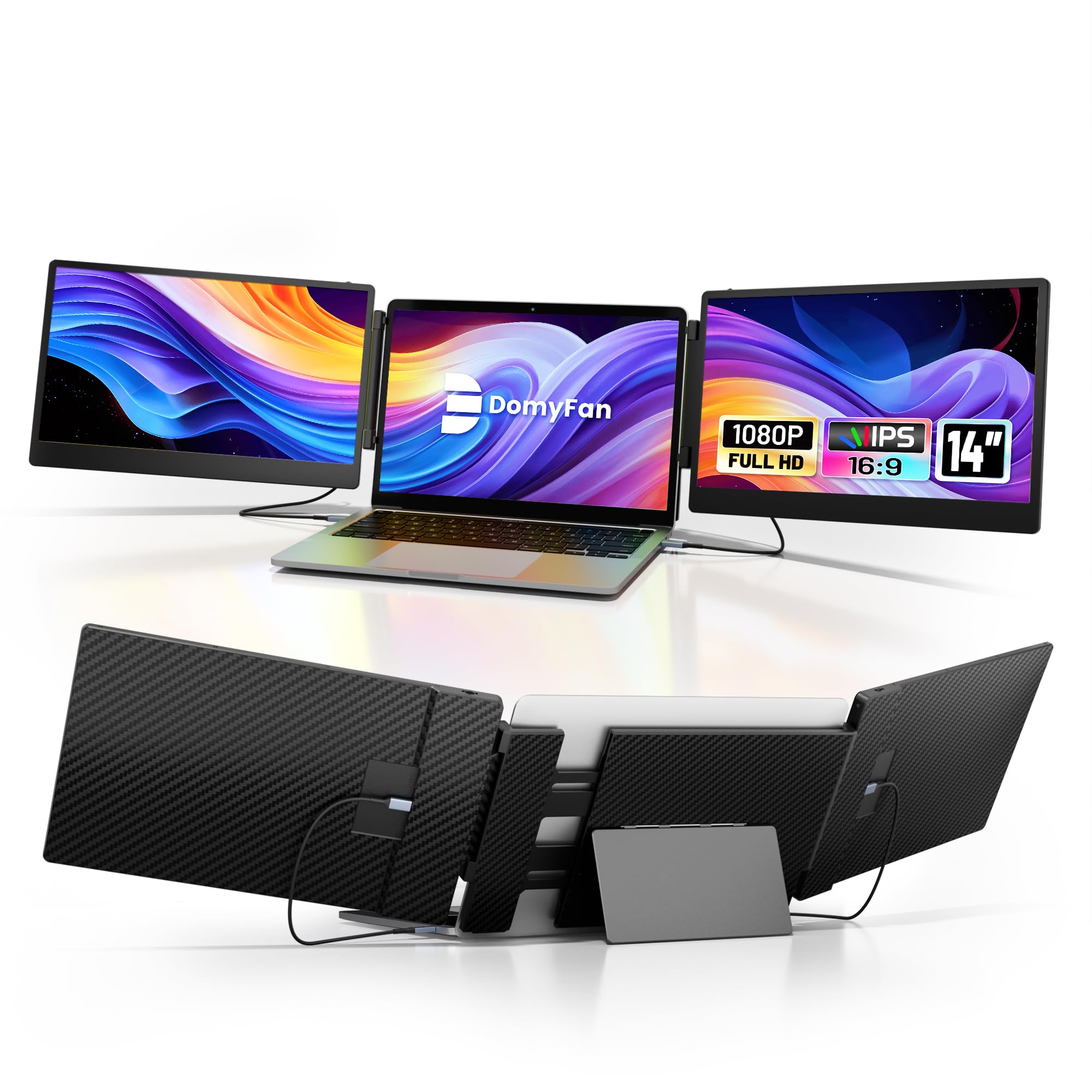 domyfan 14 Laptop Screen Extender, S3 FHD 1080P IPS Triple Portable Monitor Laptop, HDMI/USB-A/Type-C Compatible with Windows/Ma