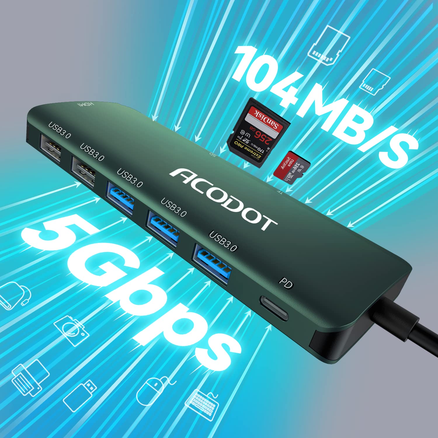 Usb C Hub, Acodot 9 In 1 Usb C To 4K@60Hz Hdmi Multiport Adapter, 3 Usb 3.0 Ports, Sd/Tf Card Reader, 100W Pd, Usb C Hub Multipo