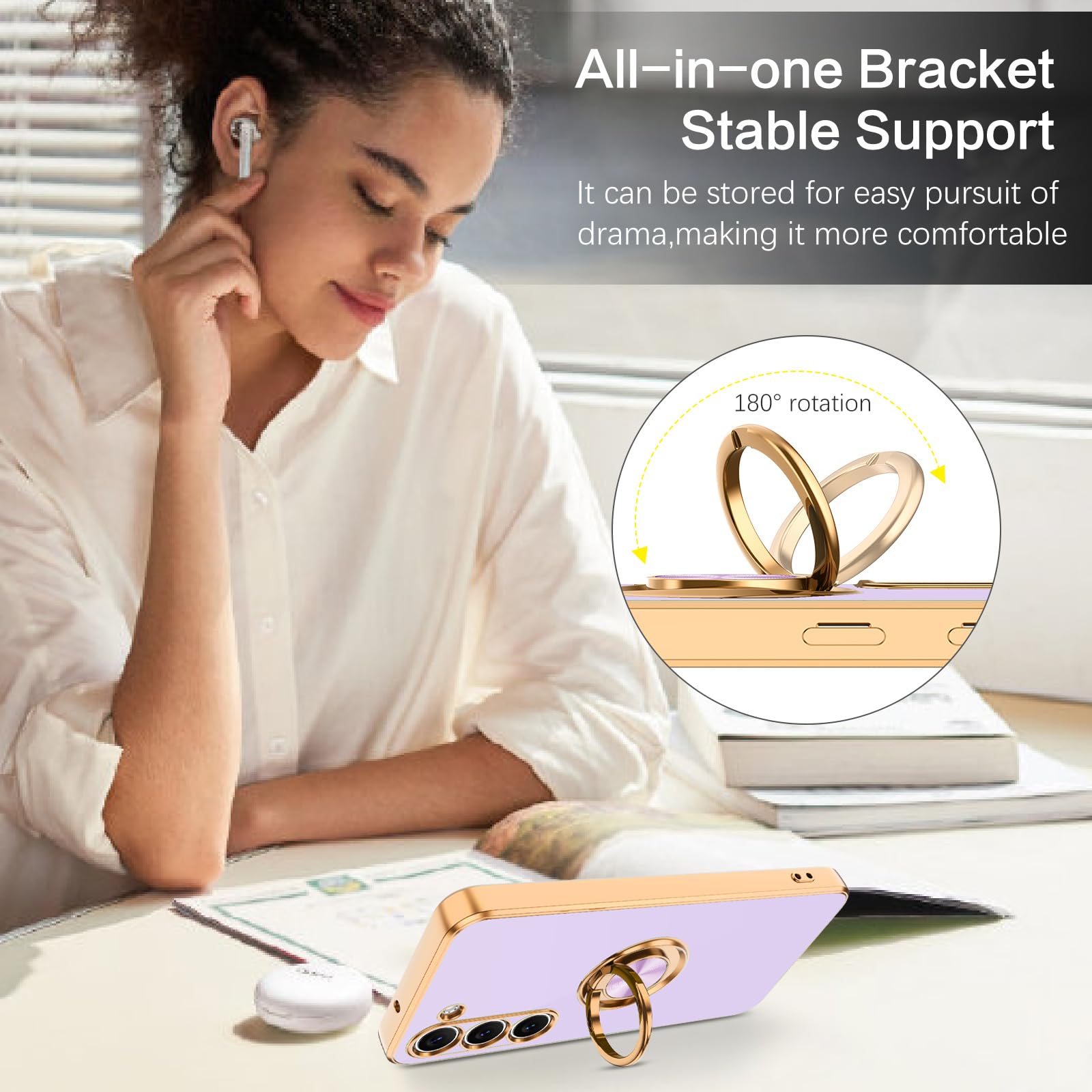 Bentoben For Samsung Galaxy S23 Case, 360 Ring Holder Kickstand Support Car Mount Elegant Plating Edge Slim Shockproof Soft Tpu