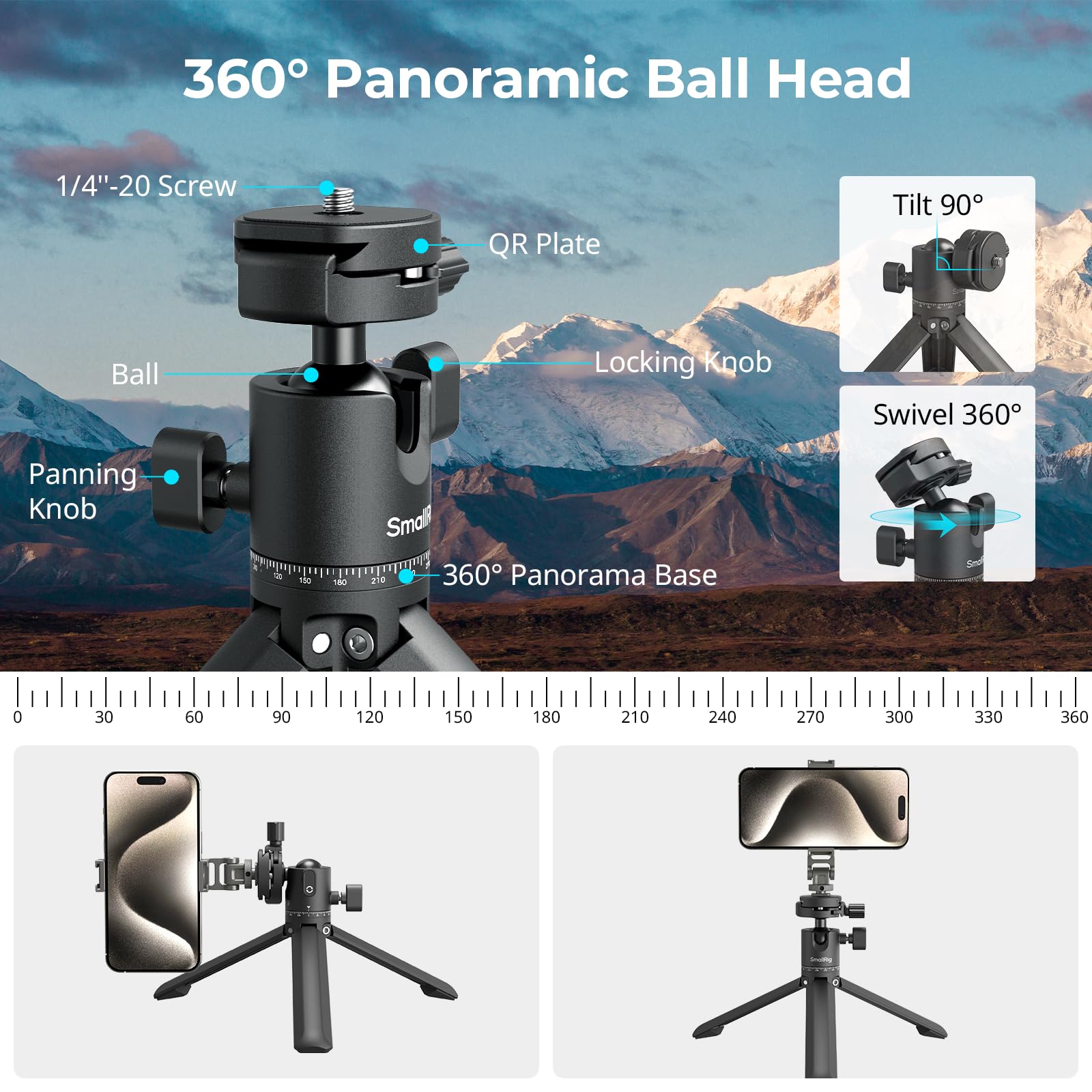 Smallrig Portable Mini Desktop Tripod, Aluminum Alloy Compact Small Tabletop Tripod With 360 Ball Head, 1/4 Screws Quick Release